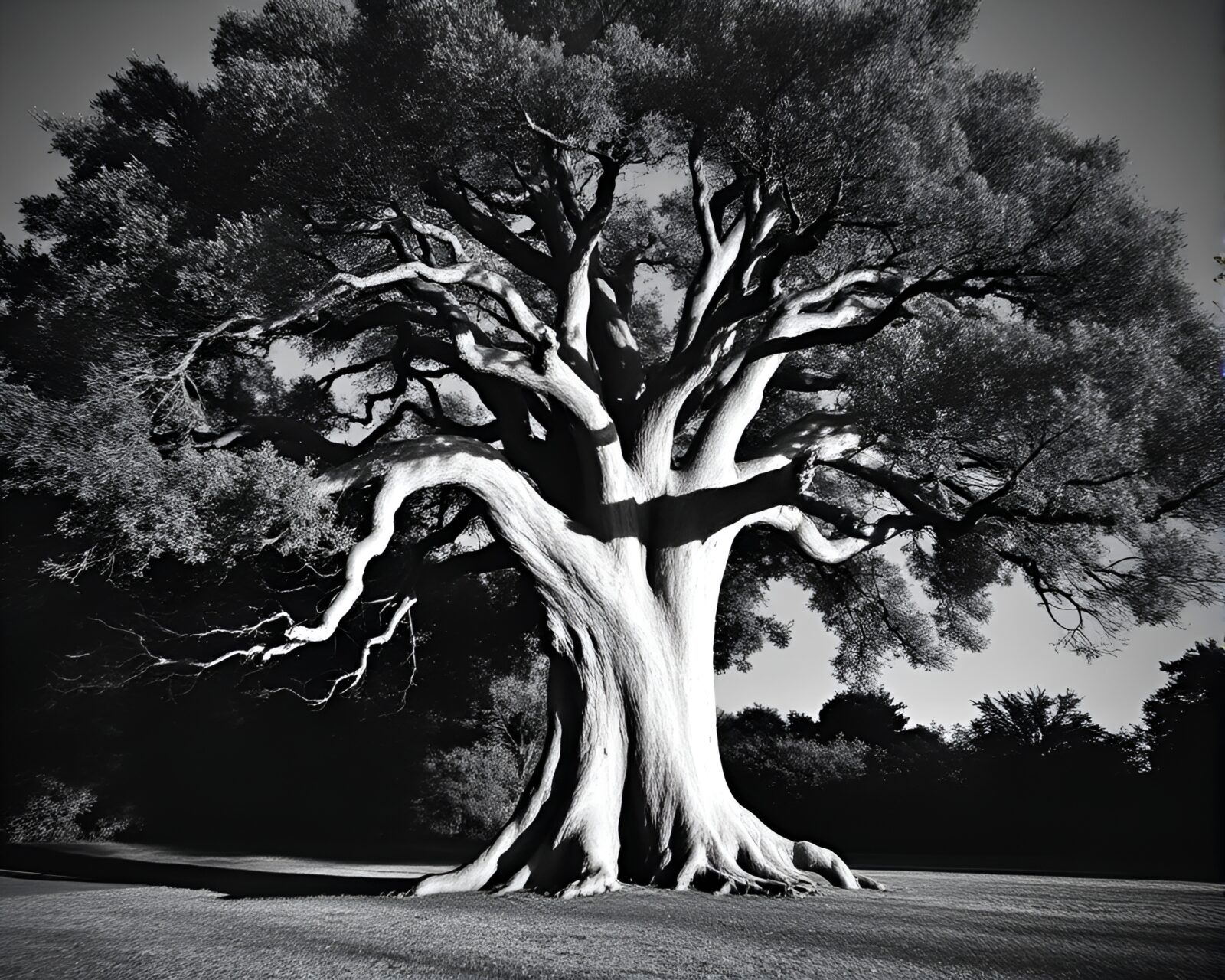 Scan lines enhance mystical tree in bright overexposure.