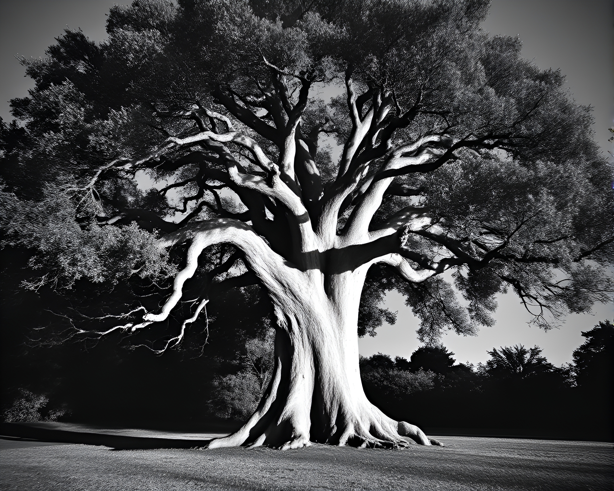 Ancient Tree with Crosshatch Shading & Overexposed Glow – free AI stock image