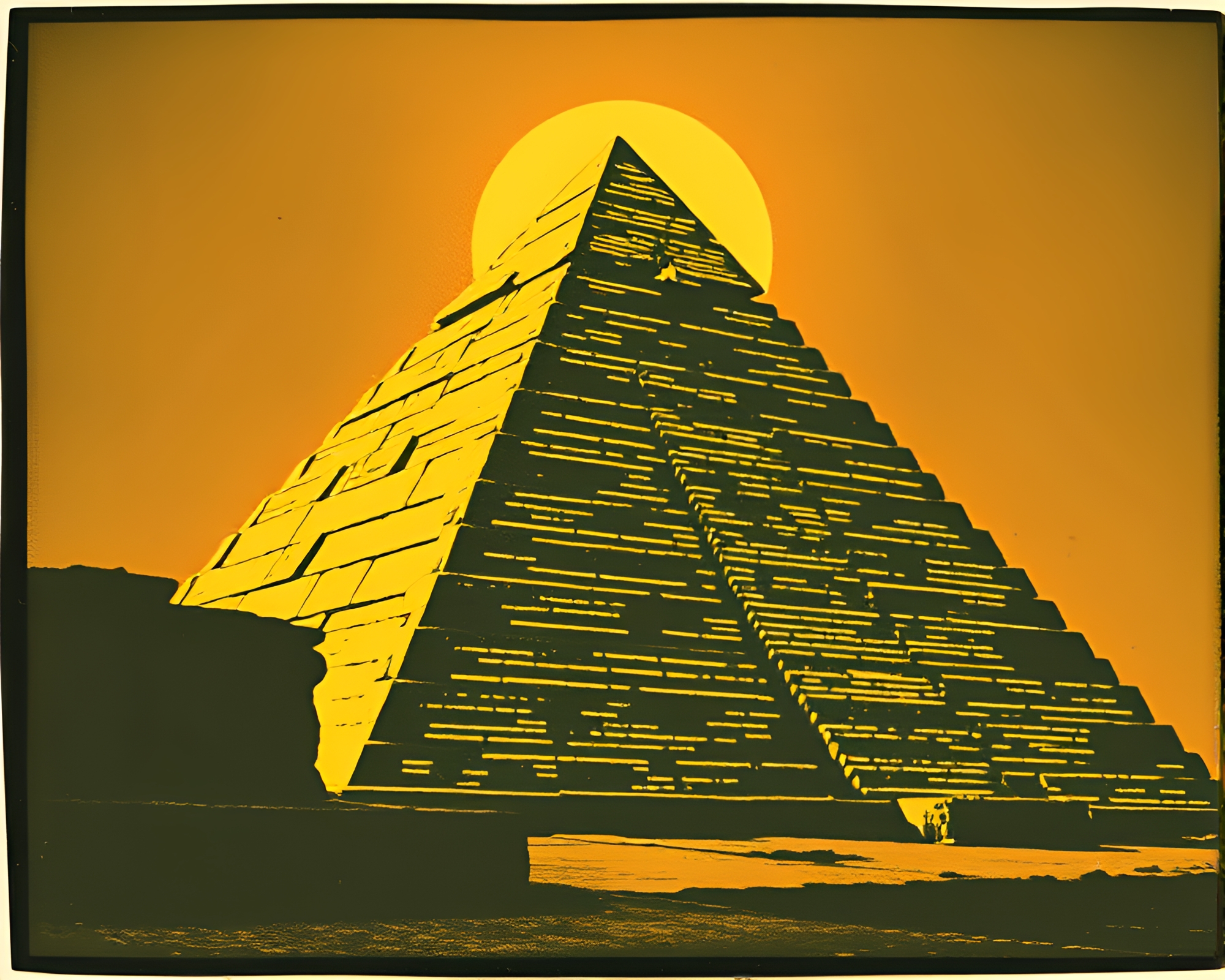 Ancient Pyramid Linocut under Vintage Golden Hour Light – free AI stock image