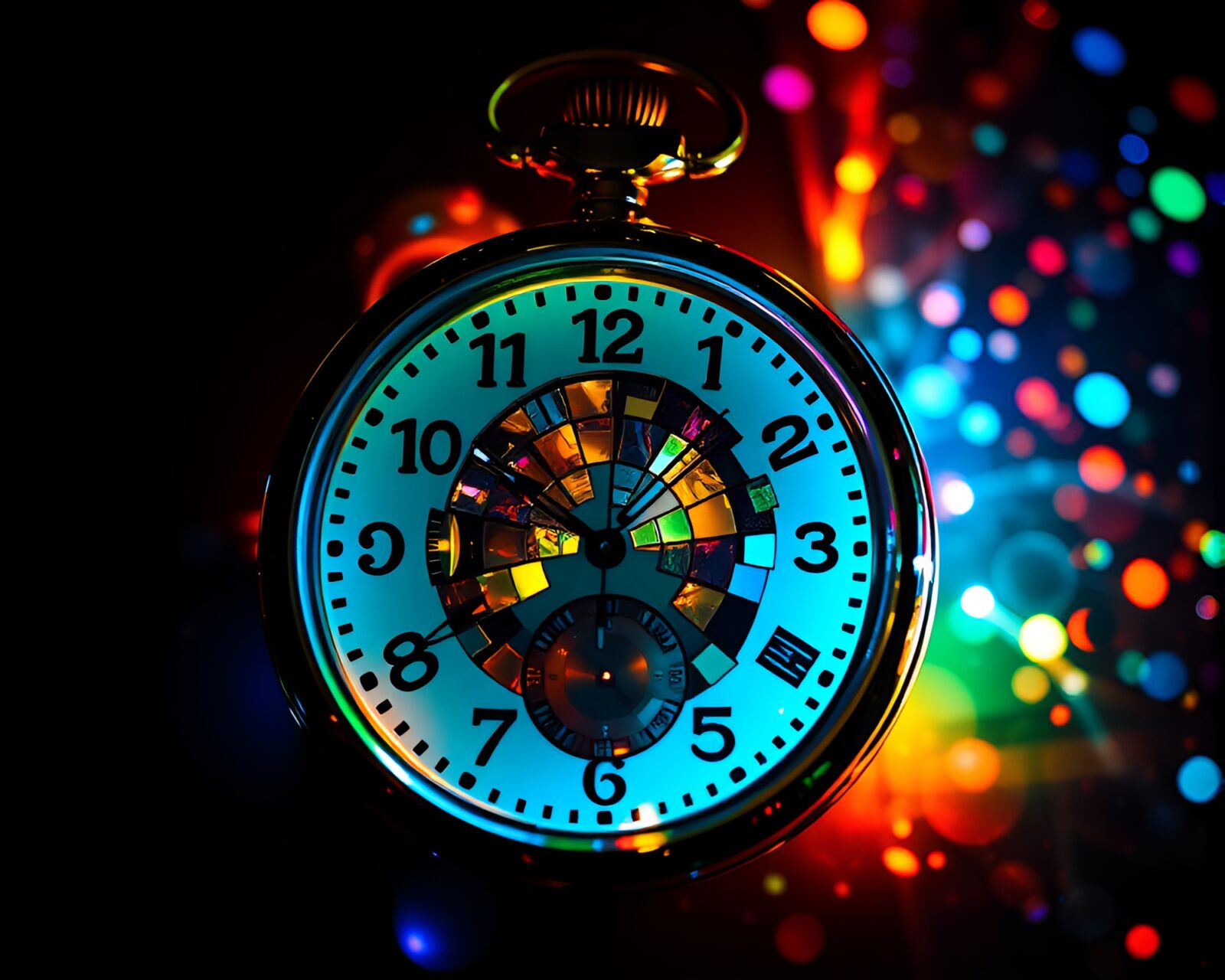 Fragmented mosaic of a pocket watch in triadic color light