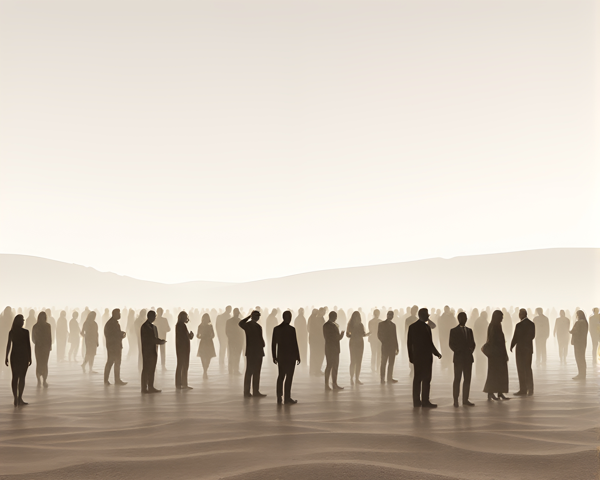 Silhouetted Crowd Gazing Murano Glass in Grisaille Desert – free AI stock image