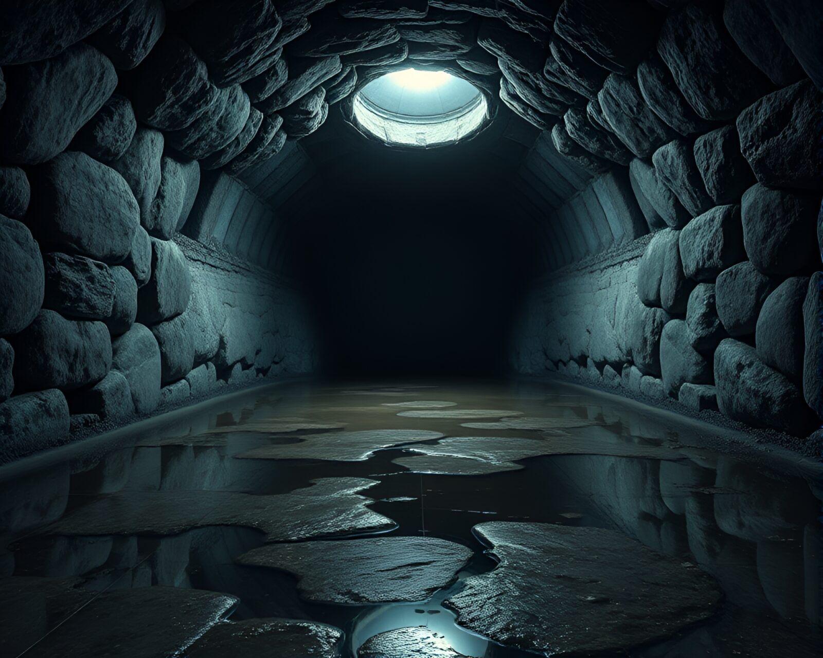 Gloomy basement stone circle reflecting eerie neural art style