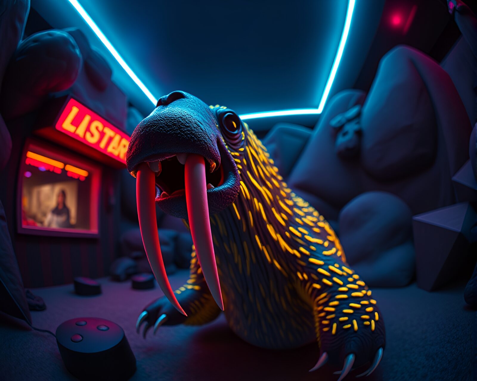 Vibrant neon walrus in surreal stop-motion scene