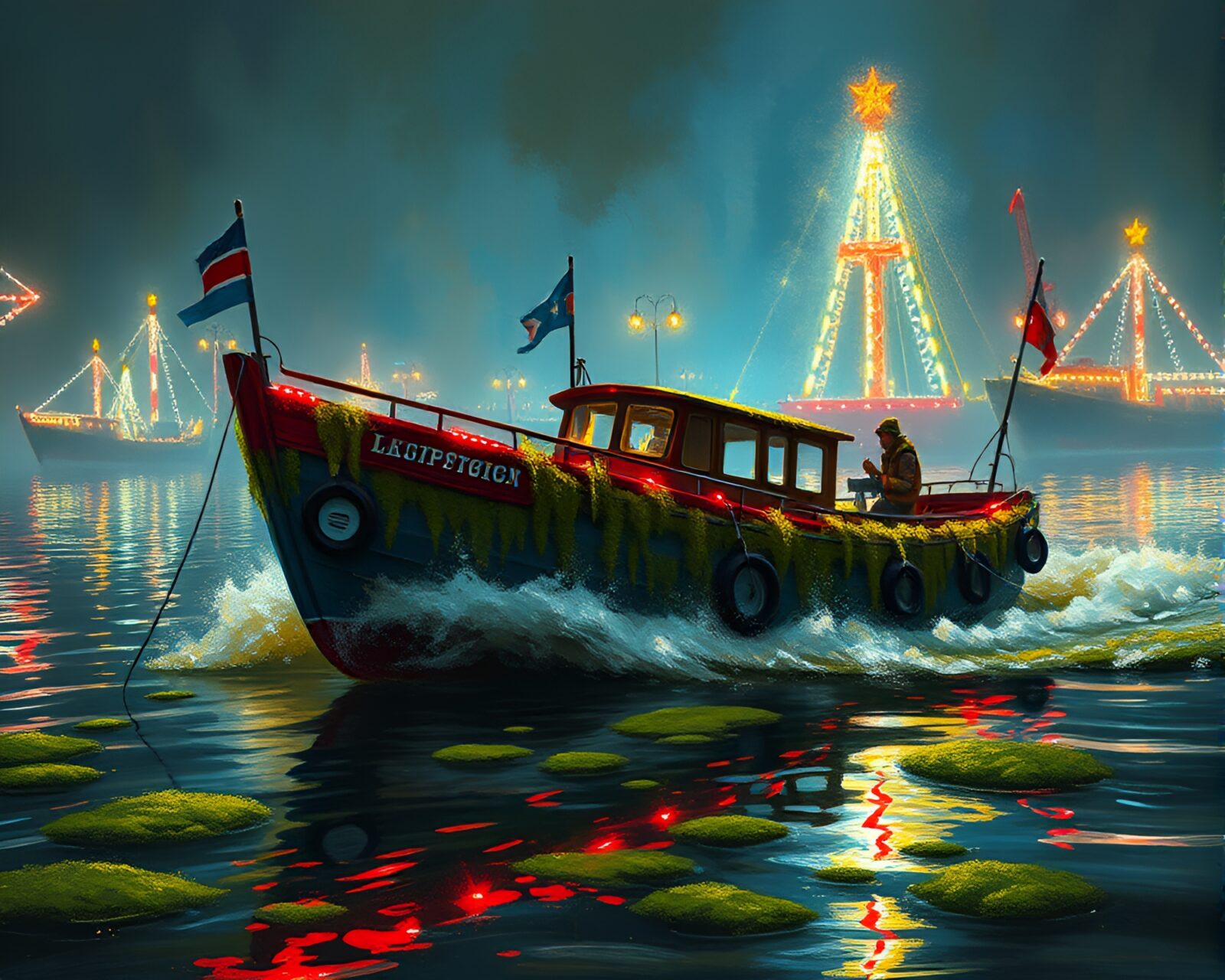 Vibrant action painting of hydrofoil boat surrounded by moss