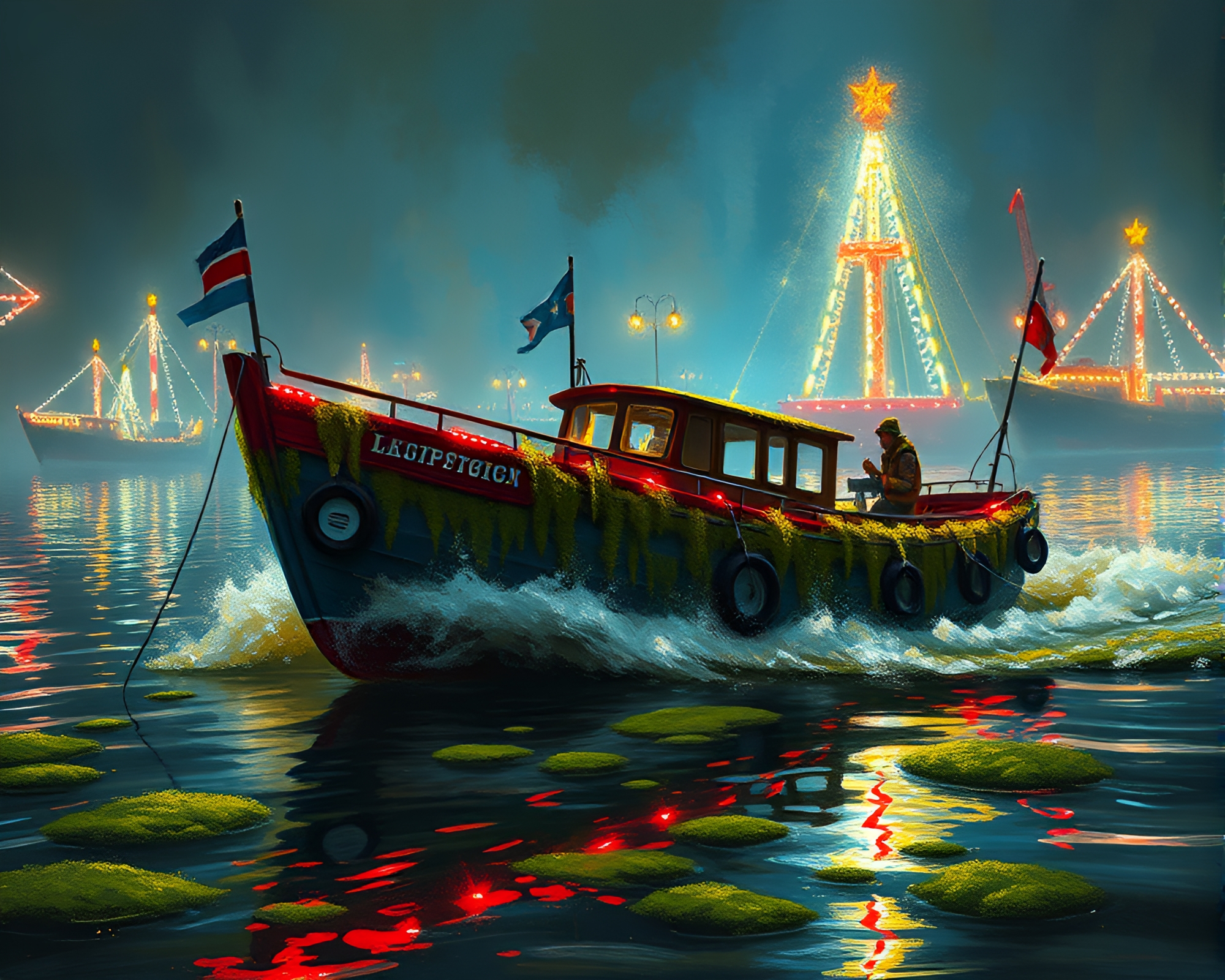 Moss-Covered Hydrofoil Amid Carnival Lights – free AI stock image