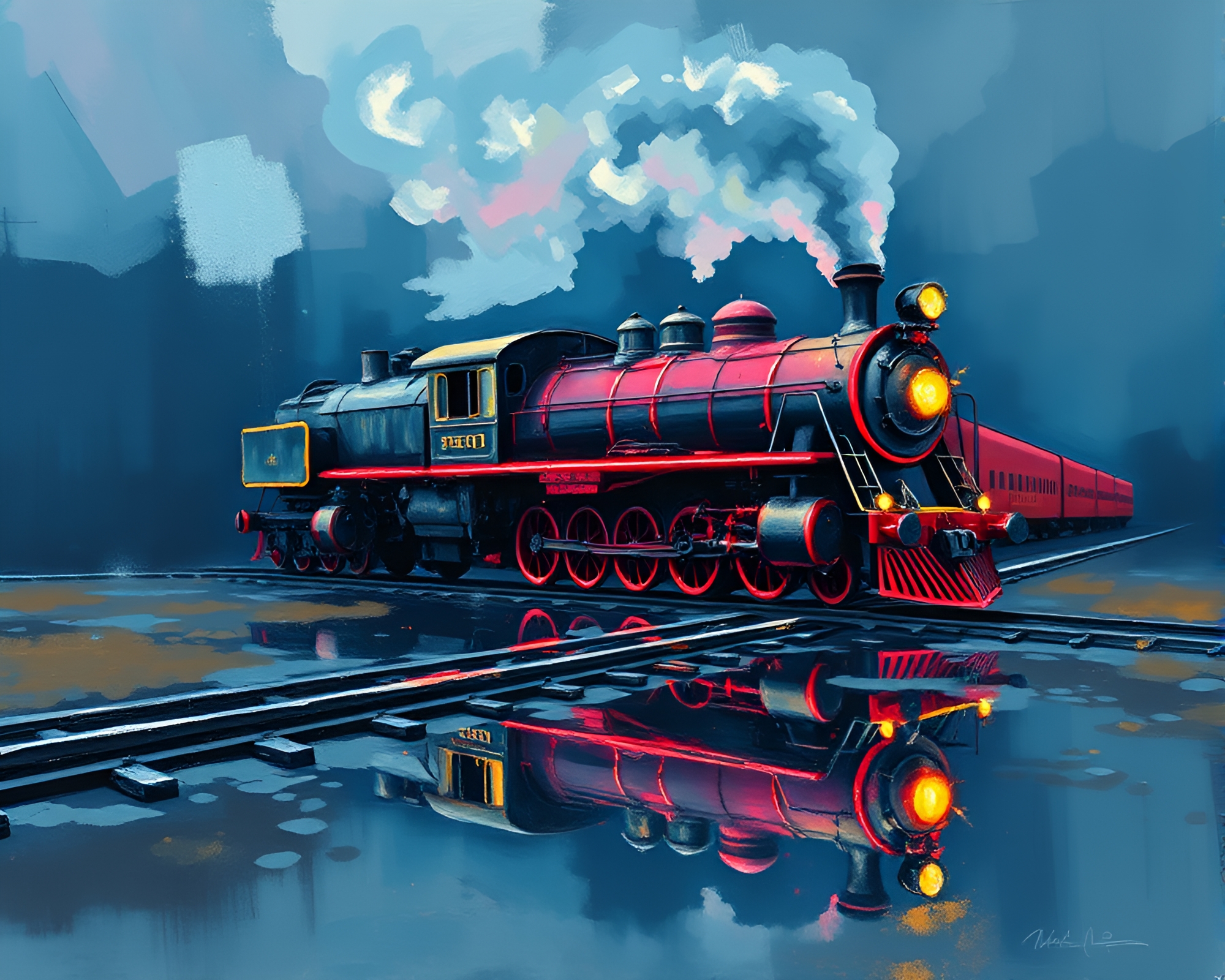 Gouache Steam Locomotive in Neon Reflections – free AI stock image