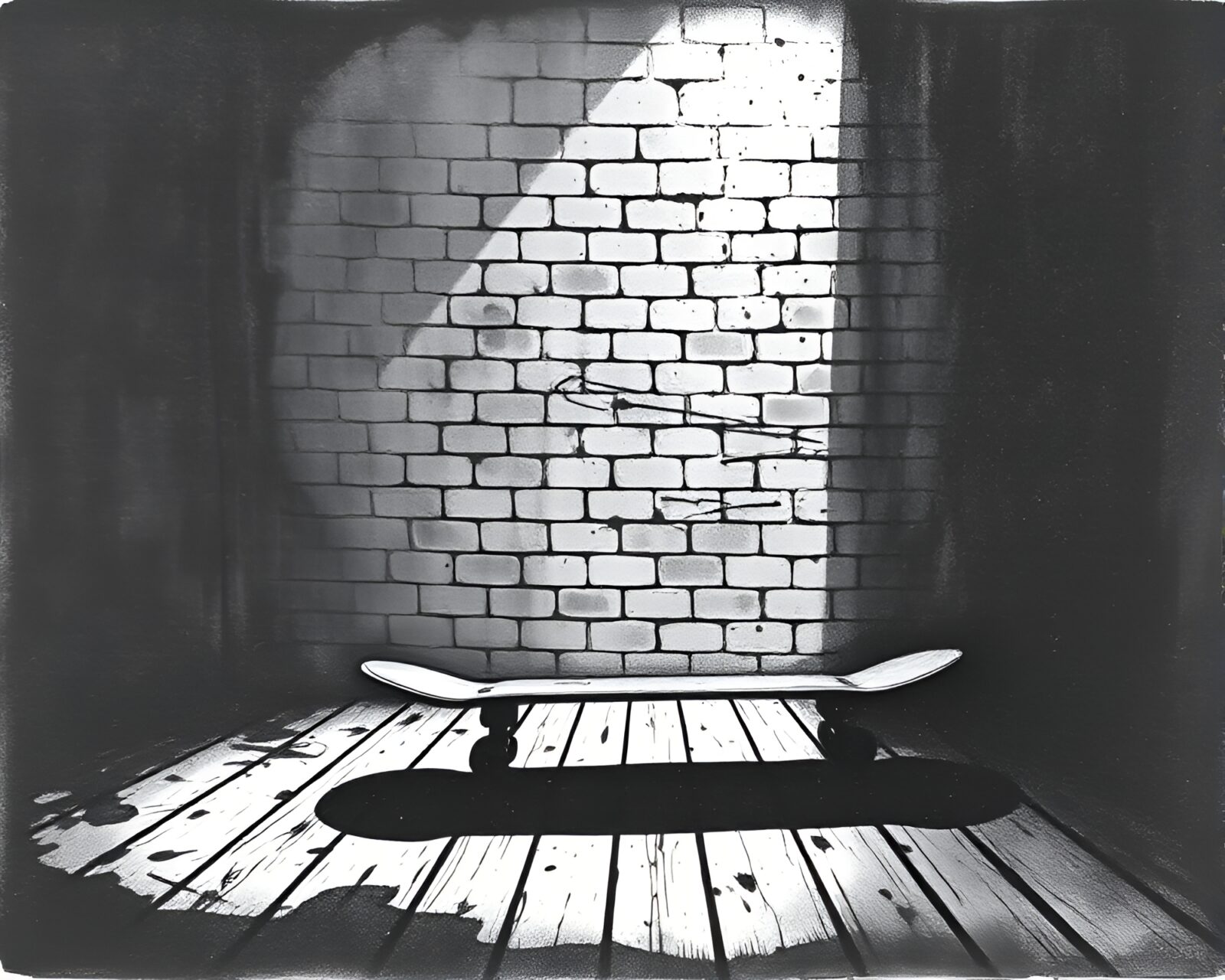 Skateboarder in halftone grid urban attic with ink wash style