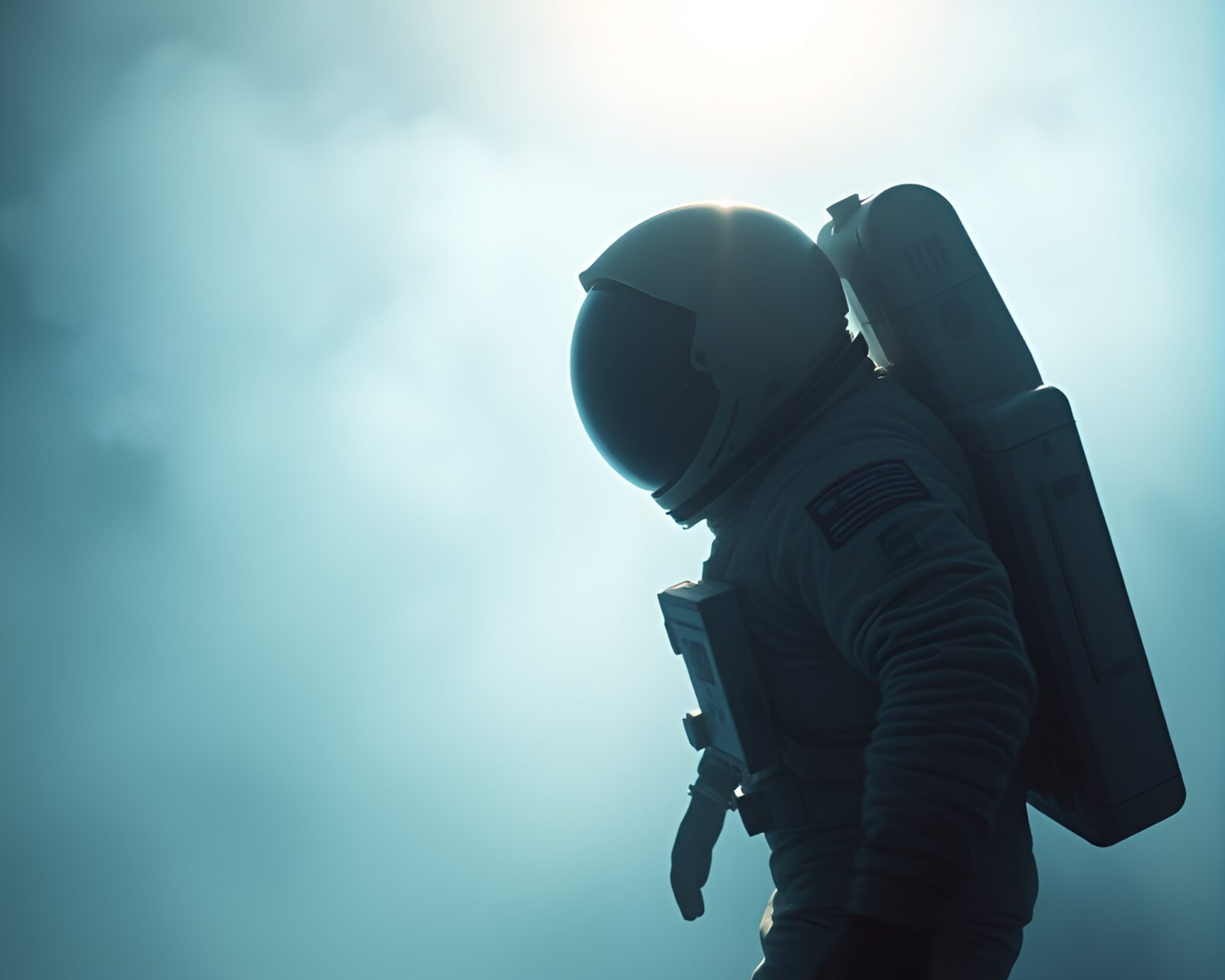Astronaut in space suit surrounded by colorful light leaks in foggy atmosphere