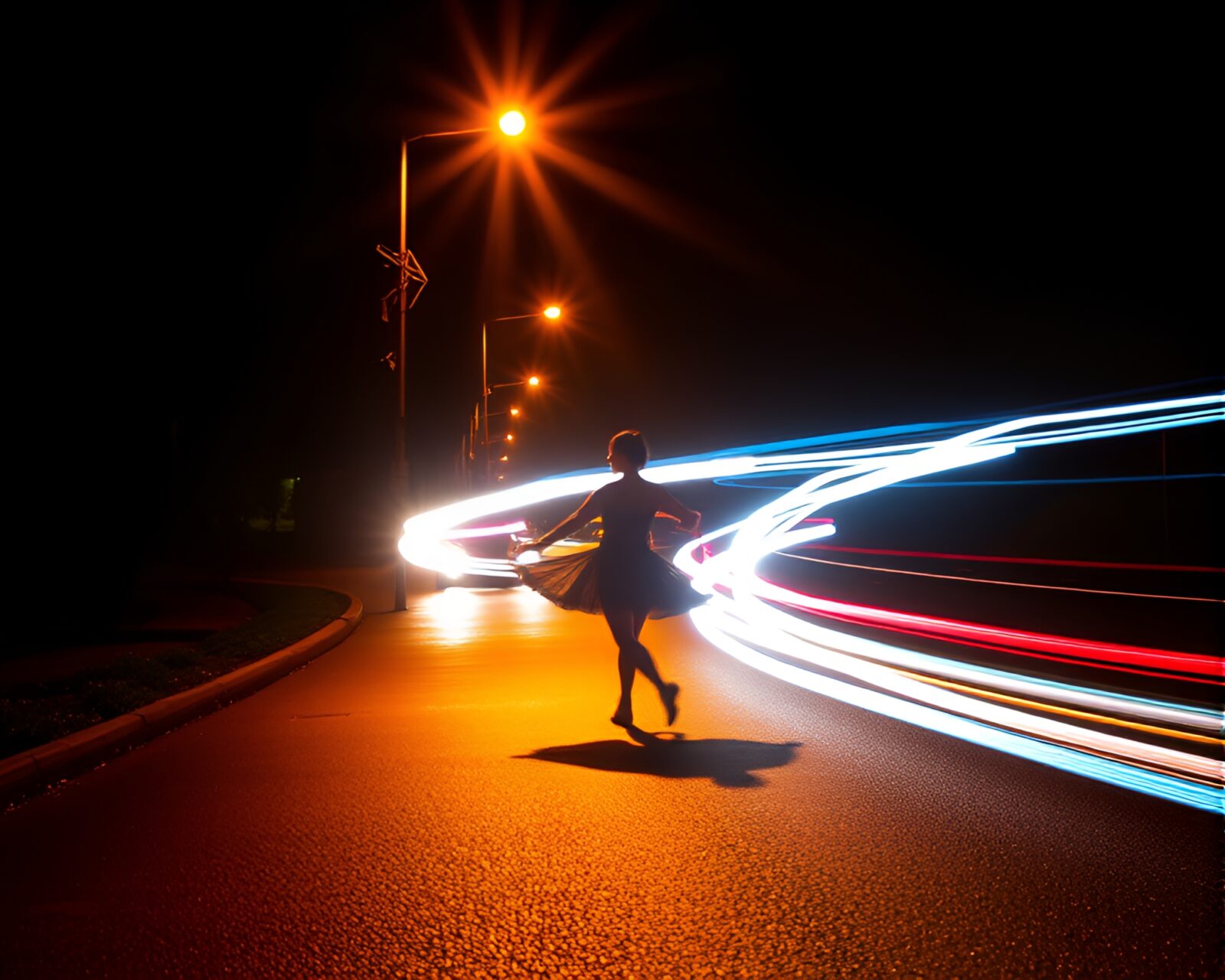 Graceful ballerina in spotlight with car light trails