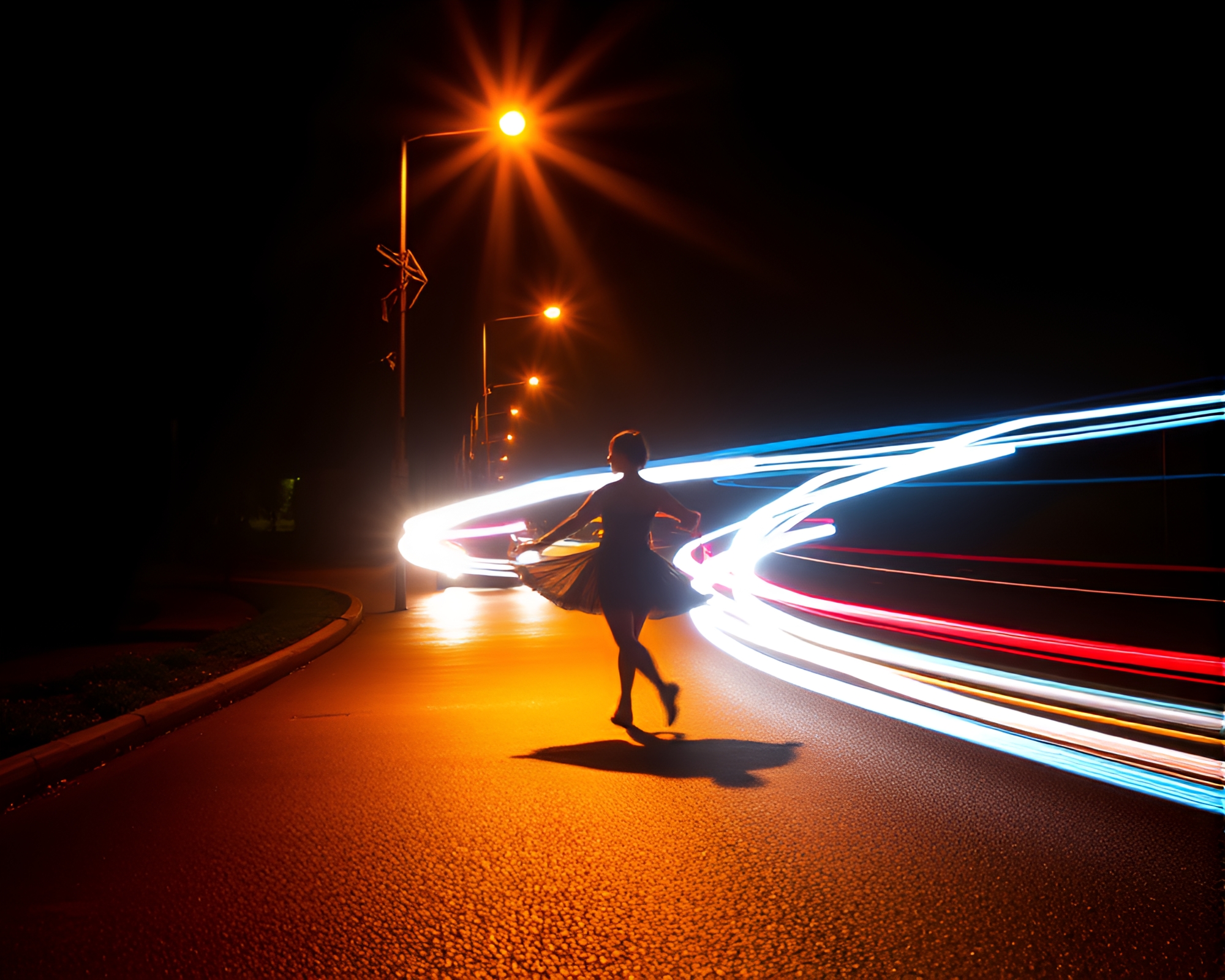 Elegant Ballet Dancer Amidst Car Light Trails – free AI stock image