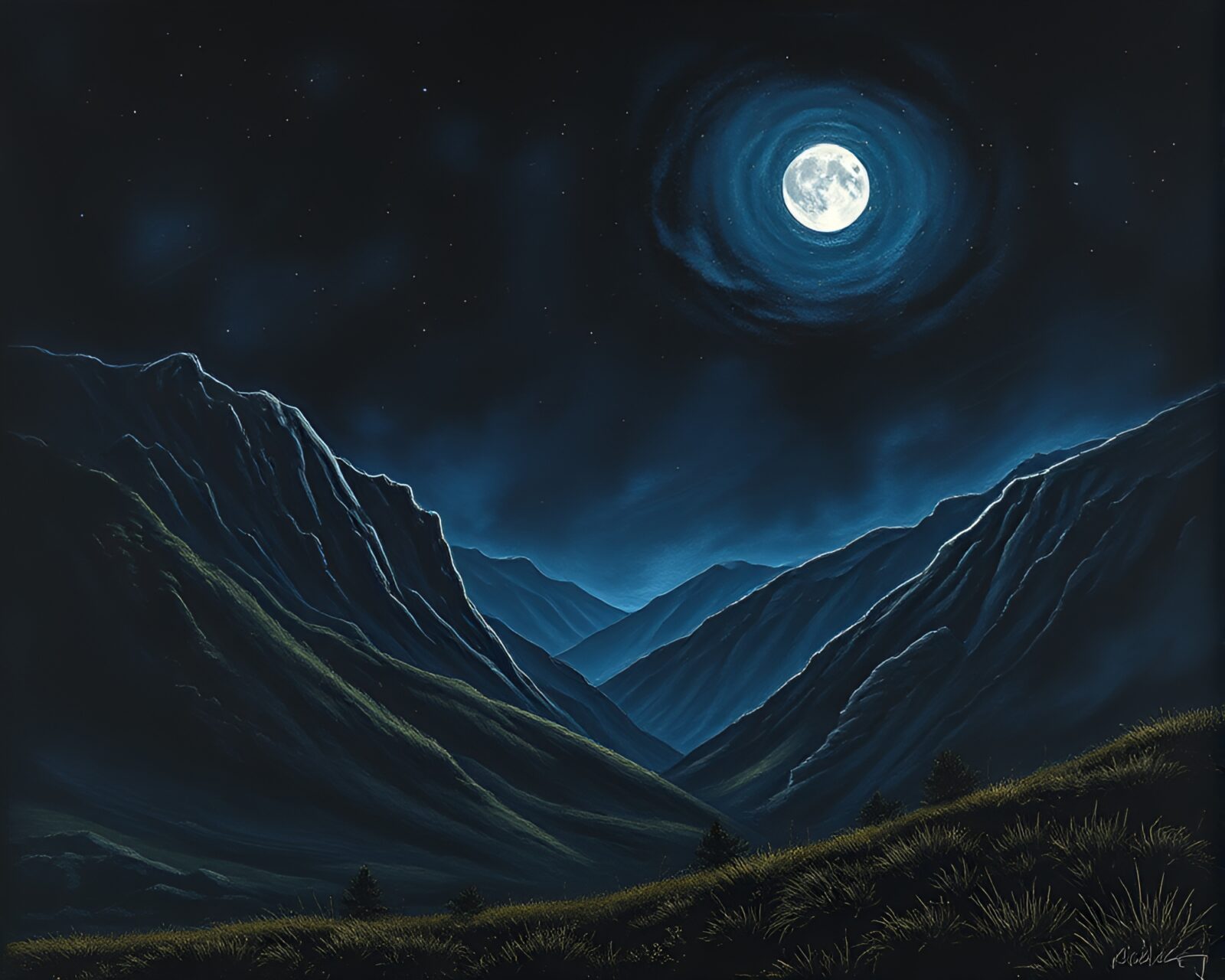 Moonlit chalk valley with intricate details drawn under moonlight