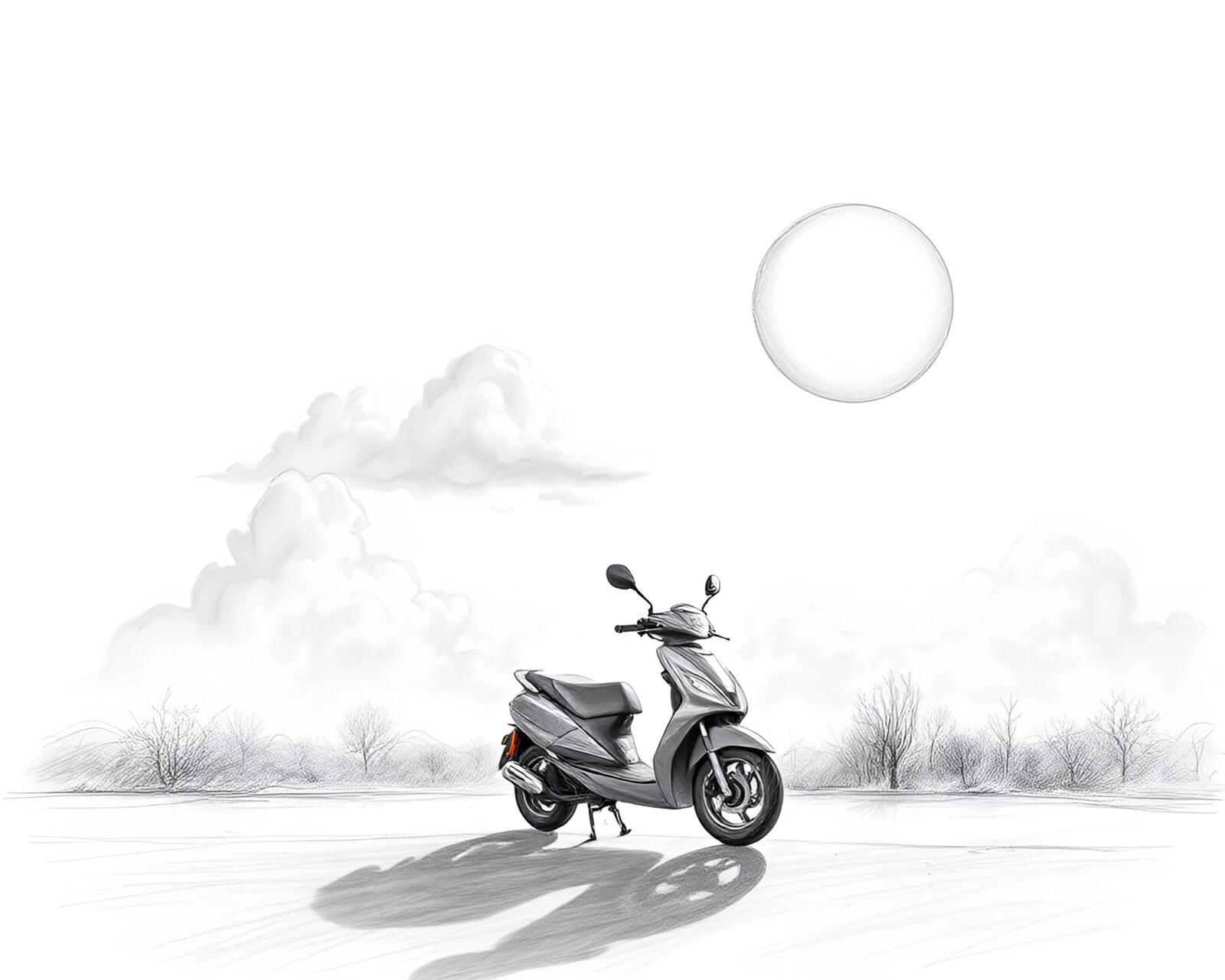 A detailed pencil sketch of an electric scooter moving below a majestic cloud formation casting a shadow during an eclipse.