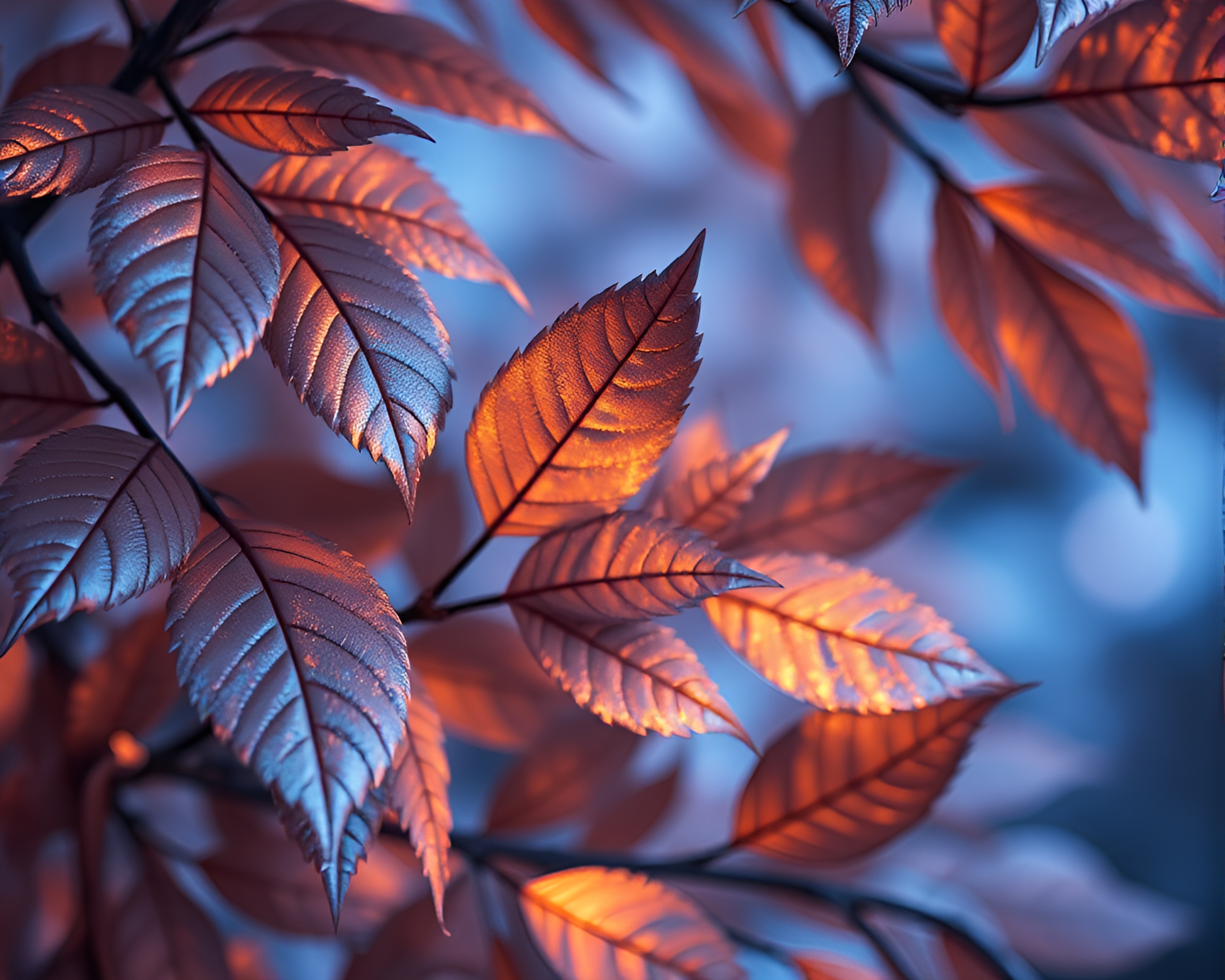 Glowing Android in Blue Hour Silver Leaf Composition – free AI stock image