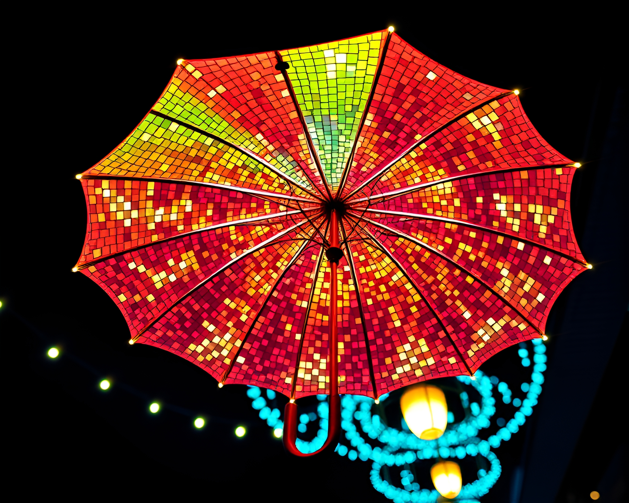 Vibrant Neon-Lit Umbrella in Flat Design Mosaic Environment – free AI stock image