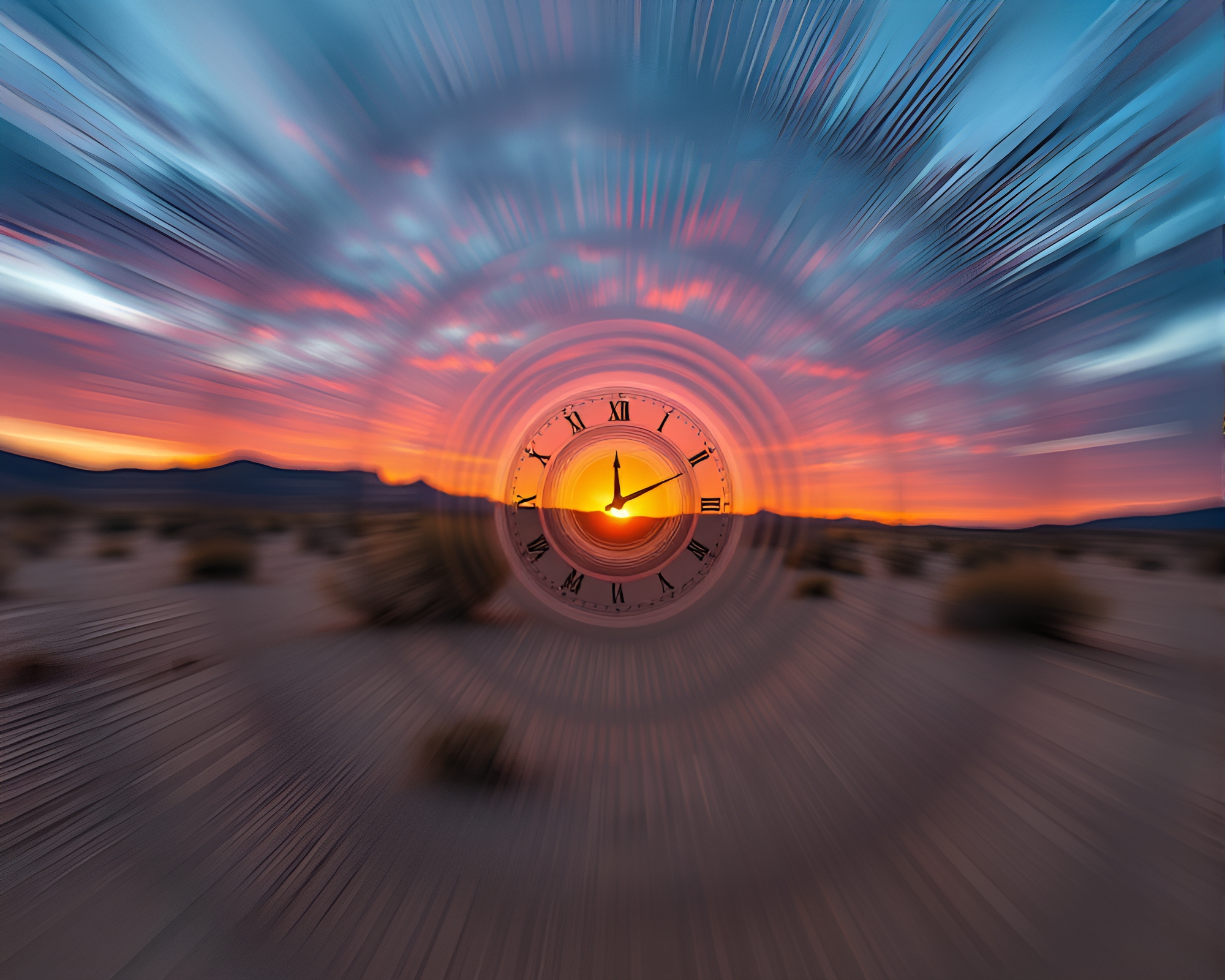 Time Vortex Desert Sunset Kinetic Art – free AI stock image