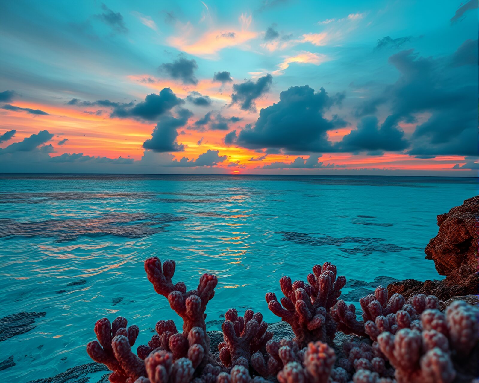 Detailed trompe-l'oeil painting of a coral atoll at sunset
