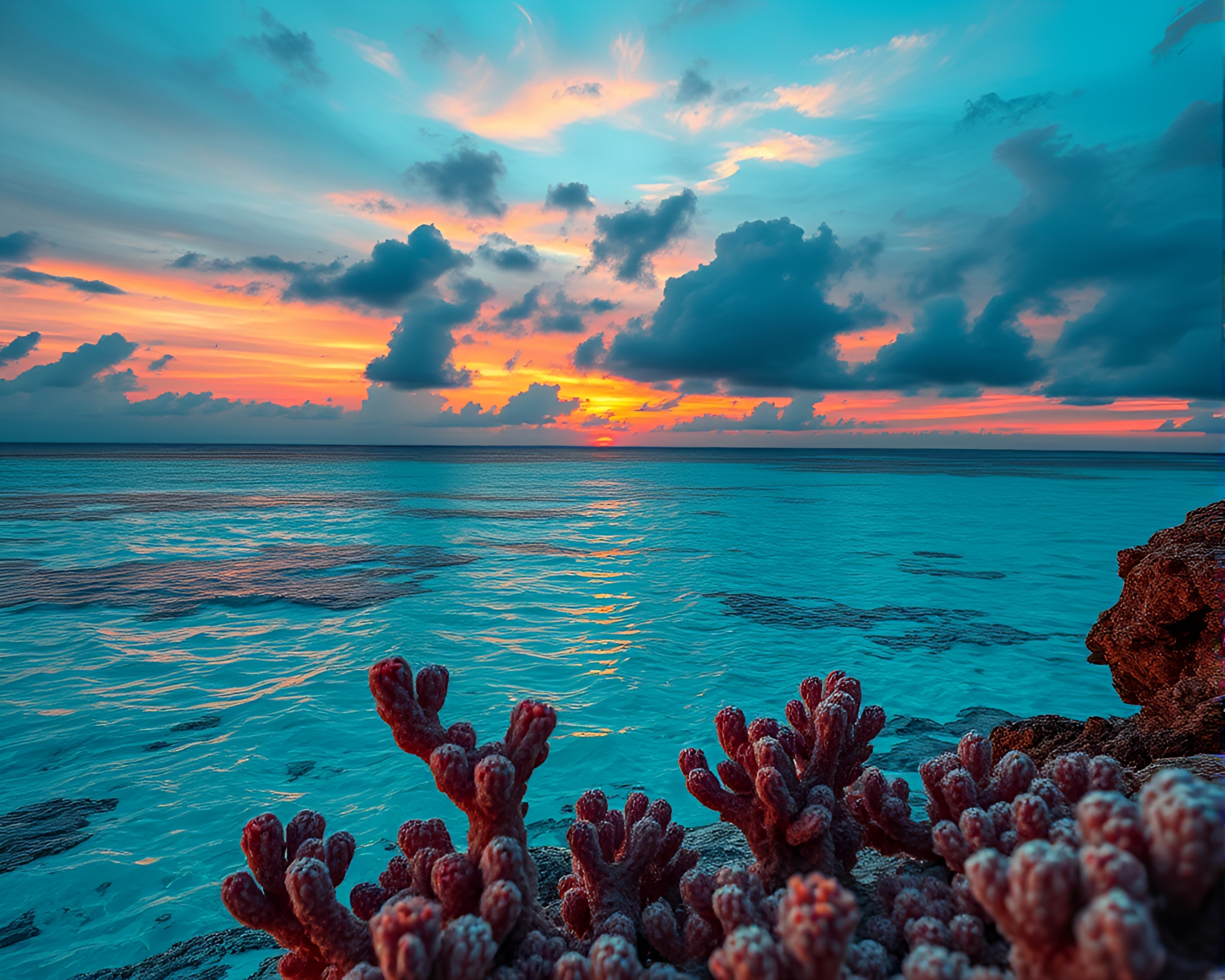 Enchanting Coral Atoll Sunset Close-Up Trompe-l’oeil Painting – free AI stock image