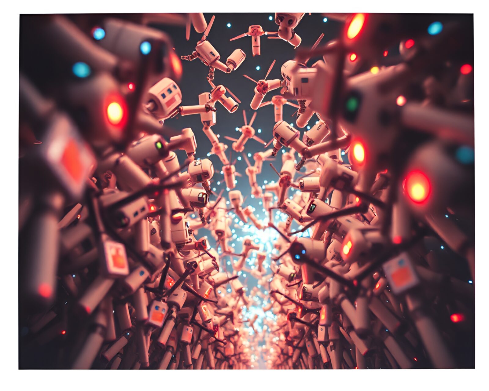 Glowing digital nanobots forming a mesmerizing low-angle shot
