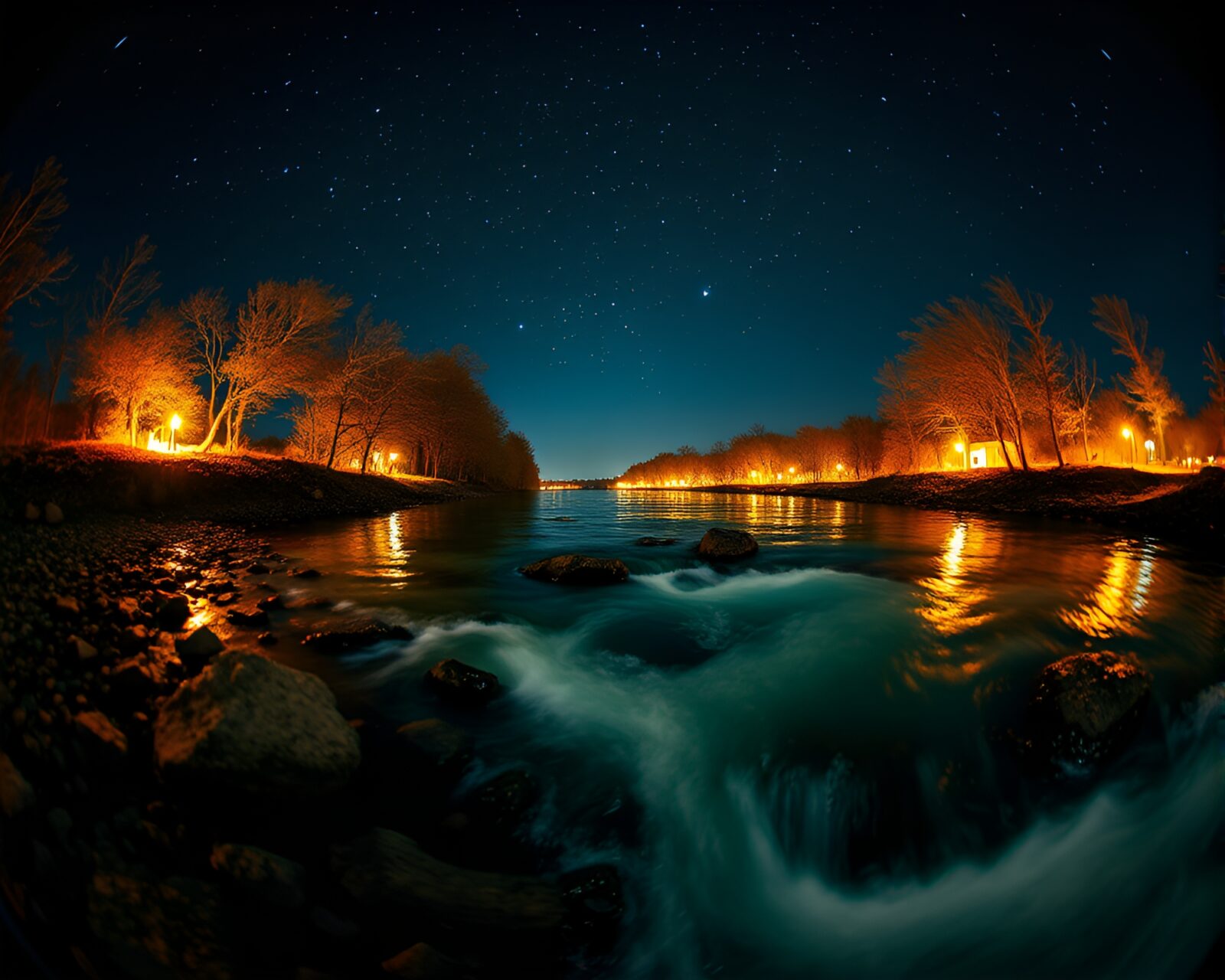 Fisheye view of a wild river under mesmerizing fractal light