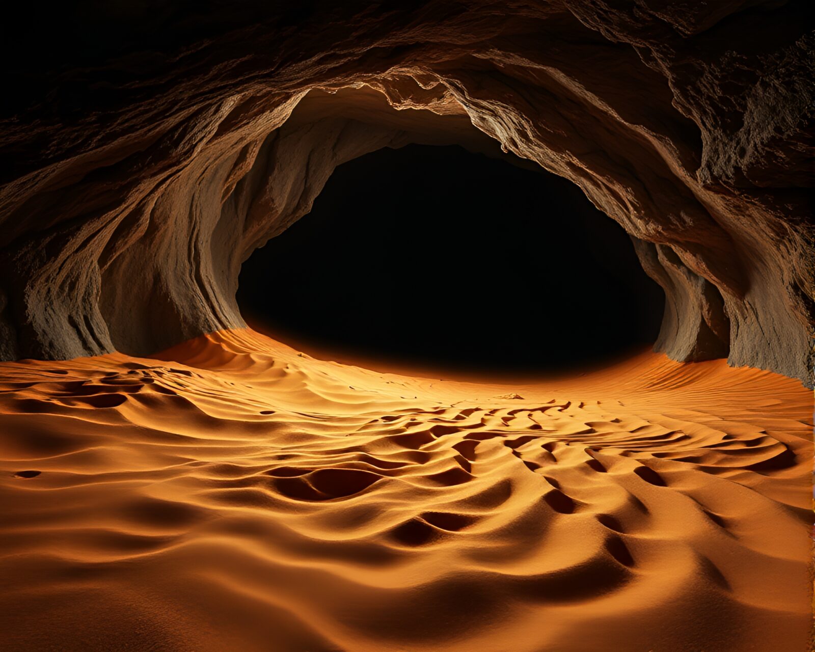 Lithography art of intricate sand swirl patterns in dark cave