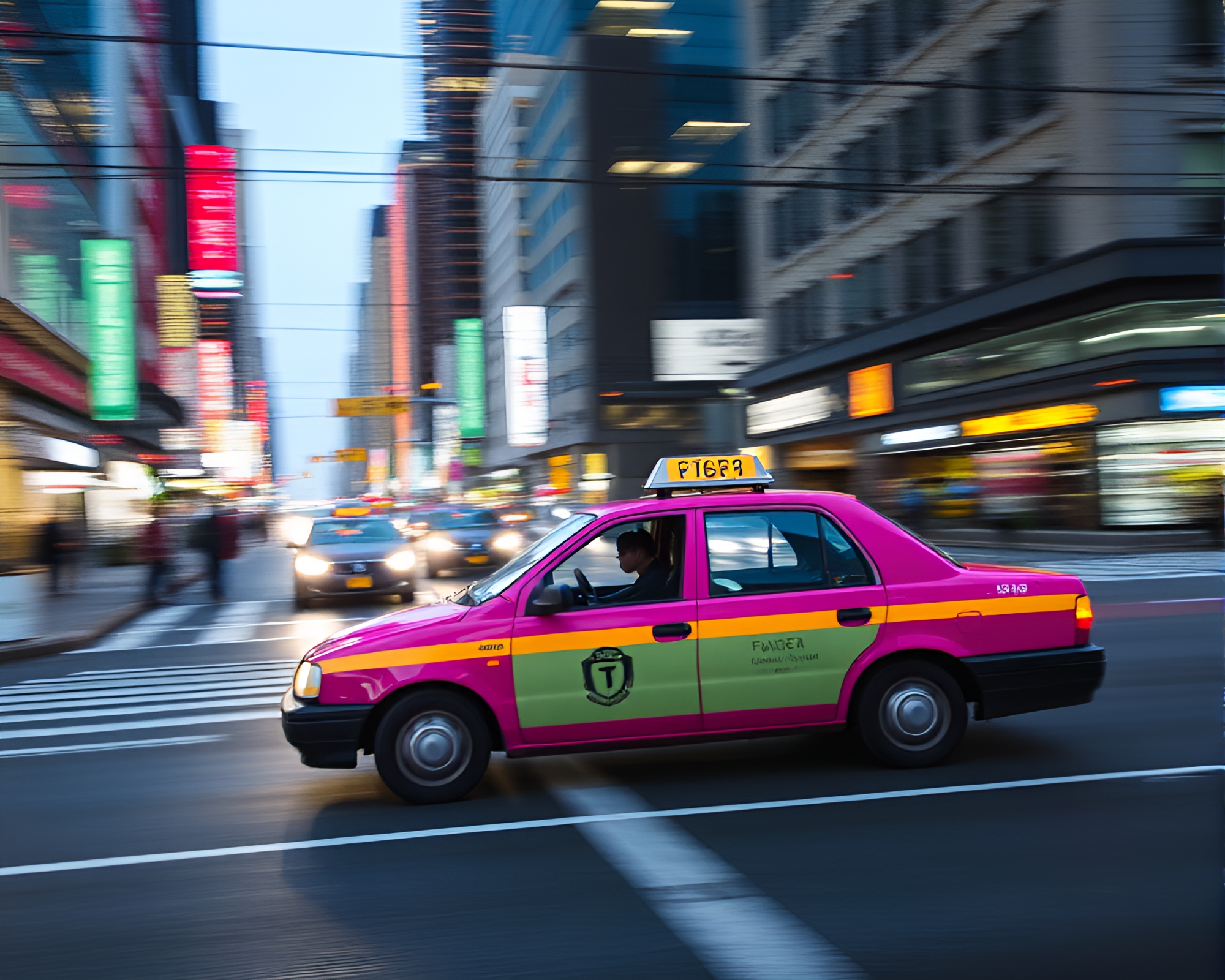 Magenta Cable Car Taxi in Motion – free AI stock image