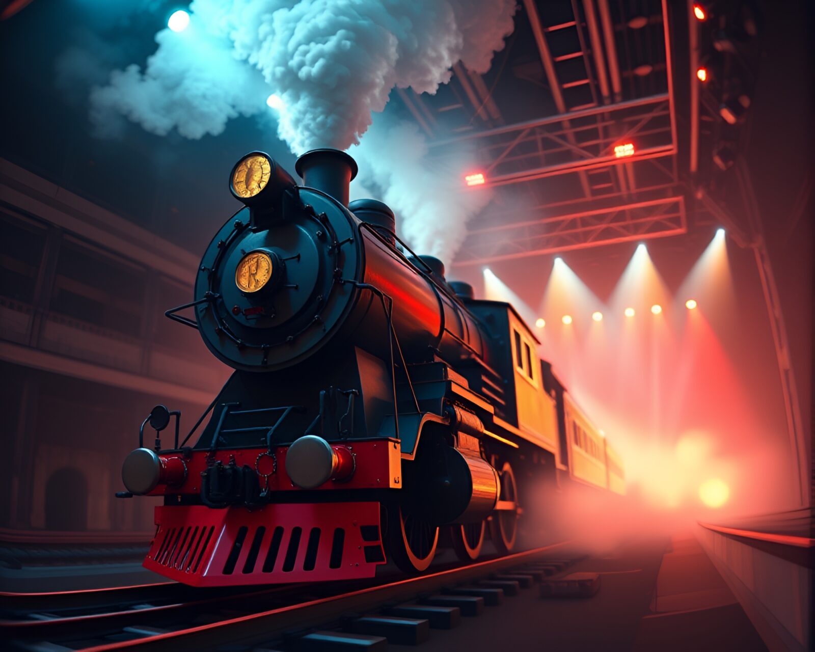 Low-poly 3D render of steam train under concert lights