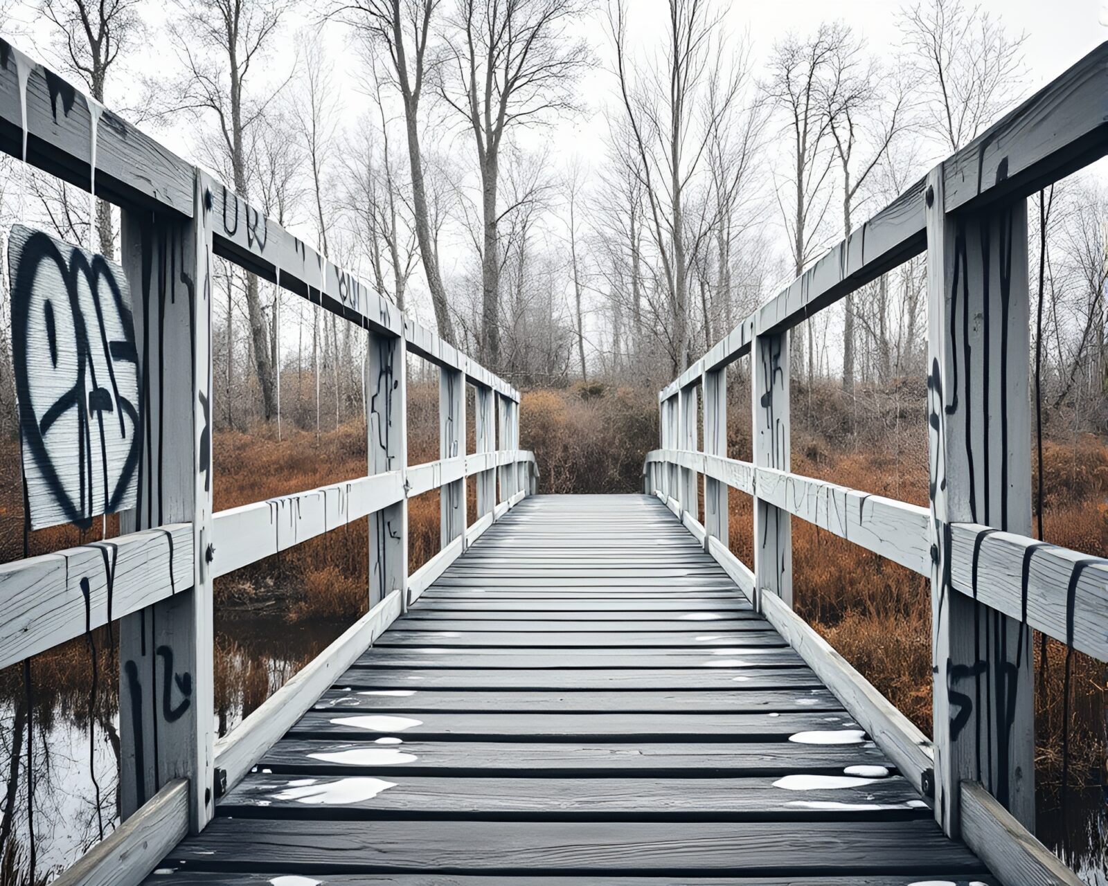 Off-white warm lighting on wooden bridge with graffiti accents