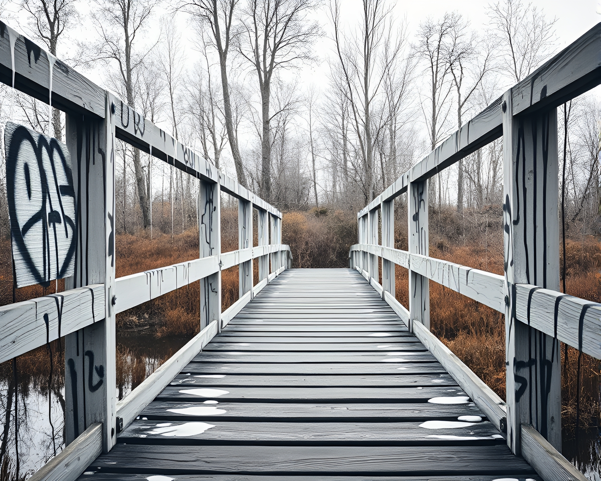 Minimalist Wooden Bridge with Graffiti Drips – free AI stock image