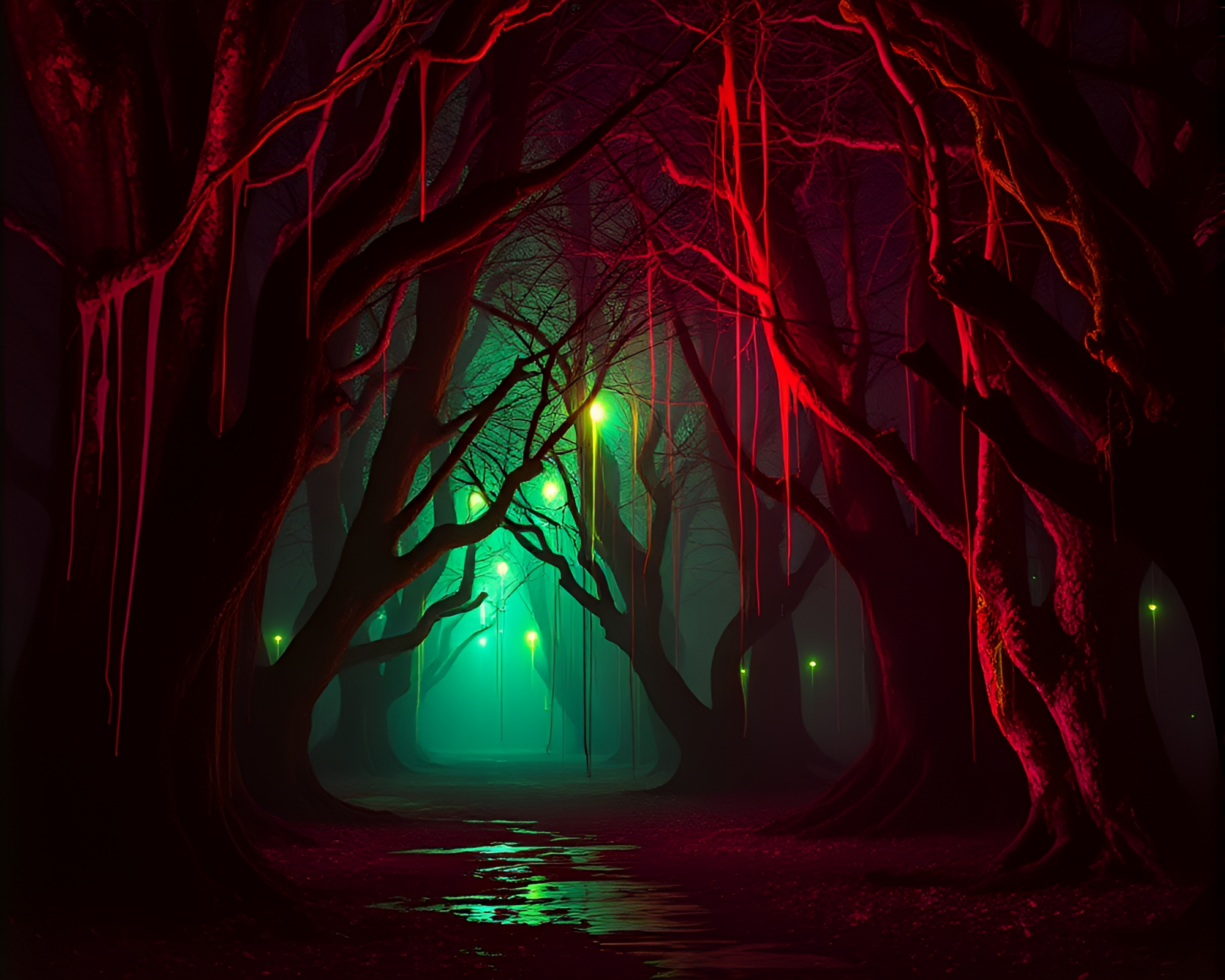 Enchanted Ancient Grove: Neon Noir Spray Painted – free AI stock image