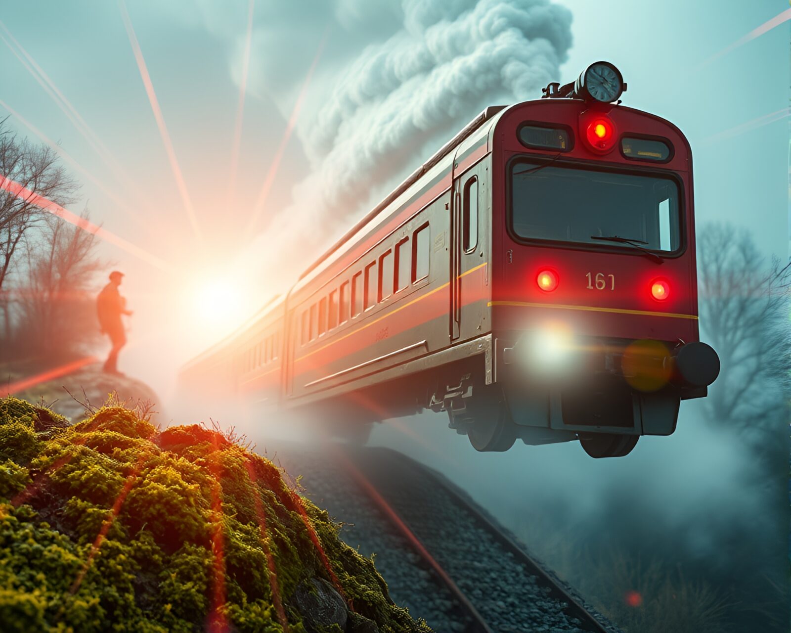 Glowing lens flare bursts illuminate hovering train on textured landscape