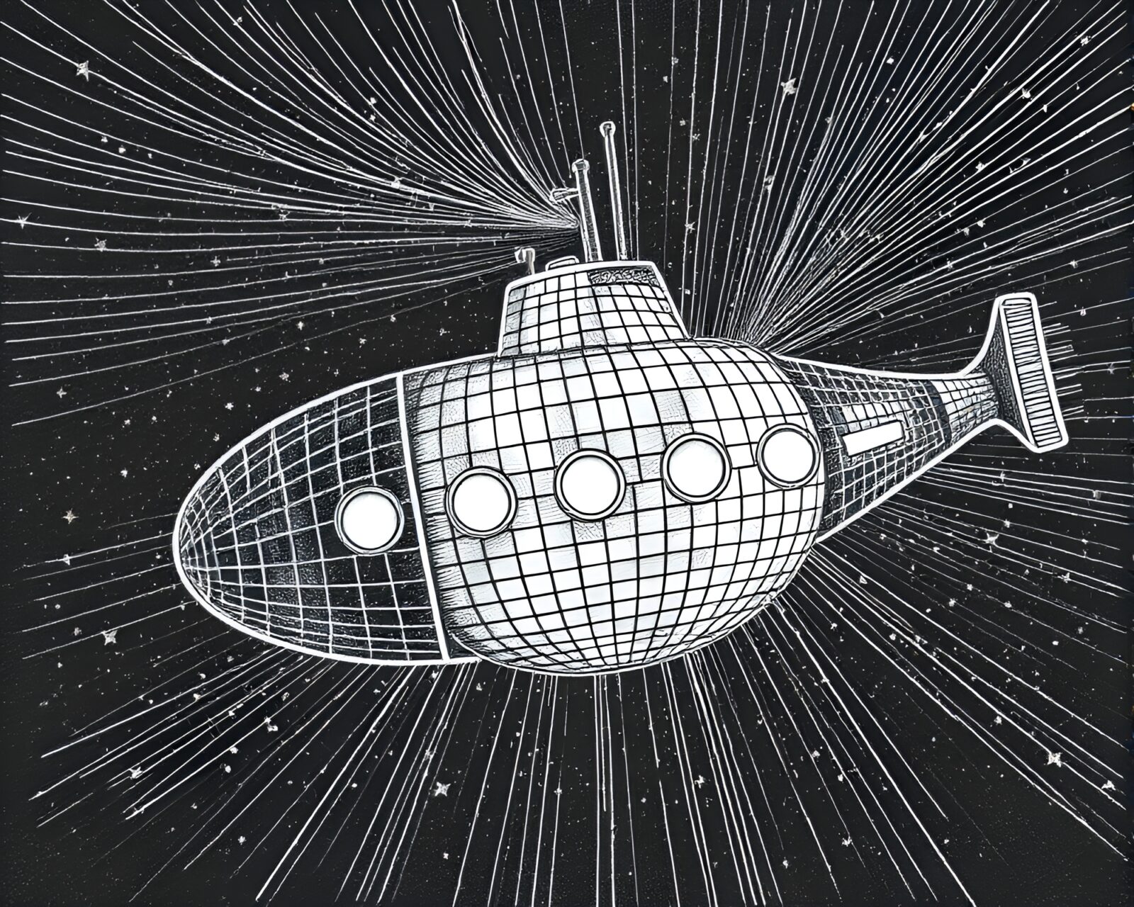 Submarine underwater with glimmering disco ball lighting