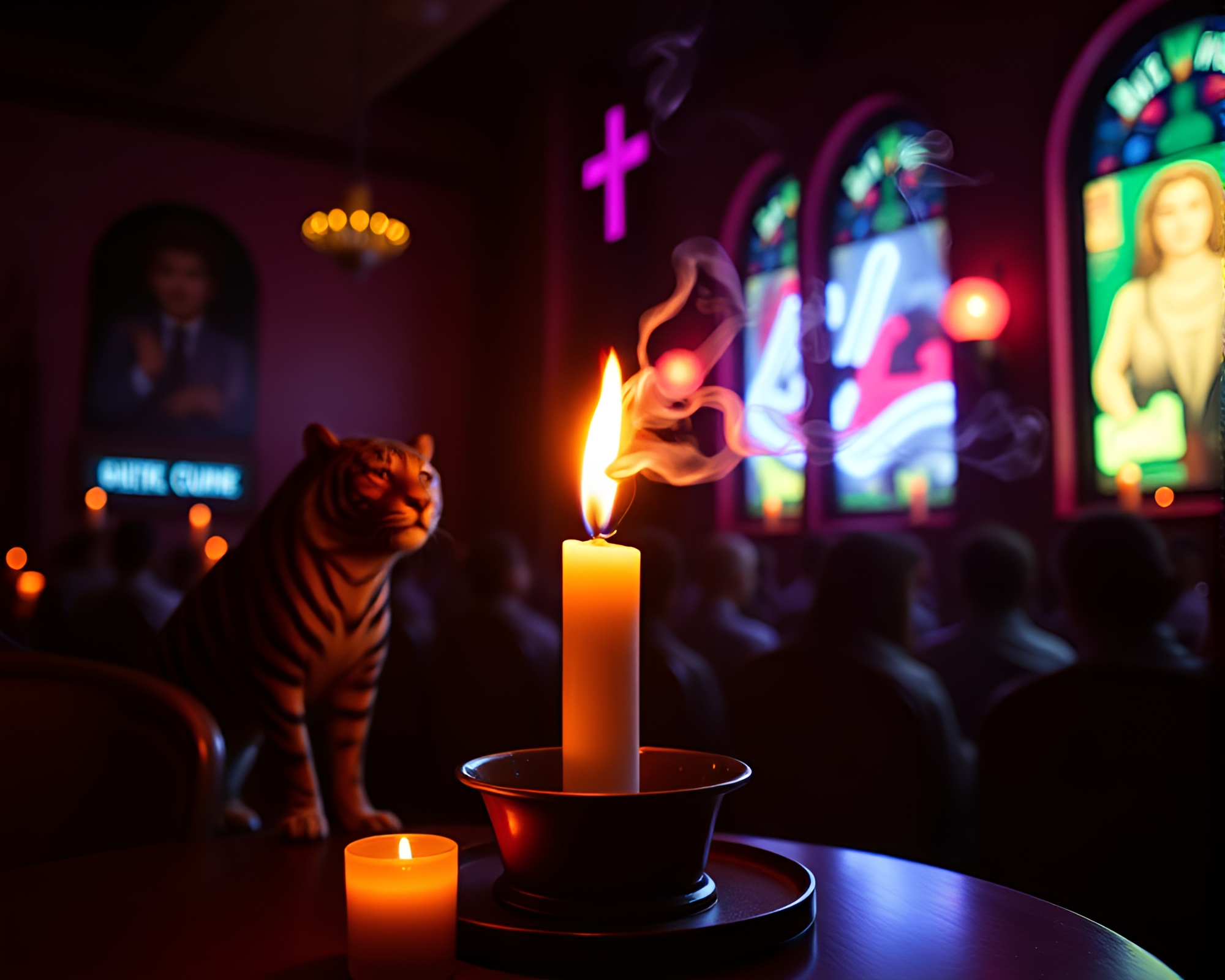 Tiger in Retro-Futurism Candlelit Church Setting – free AI stock image