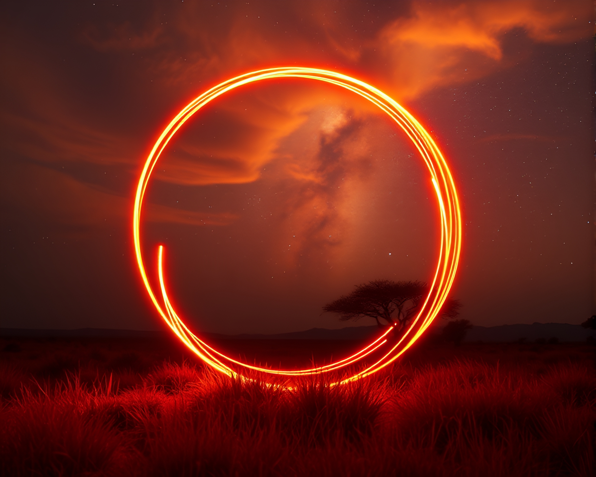 Savanna Sunset with Milky Way LED Circle Art – free AI stock image