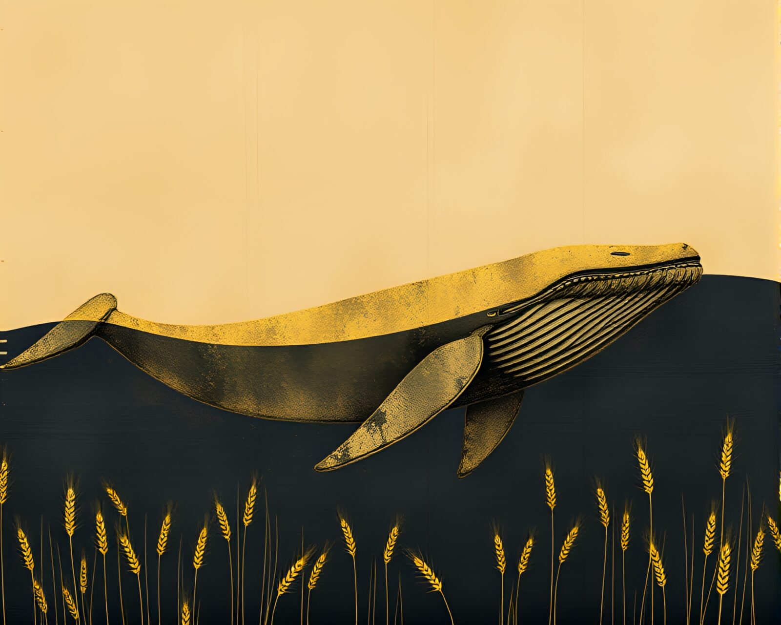A stunning divisionism art piece of a whale glowing in golden savannah sunset