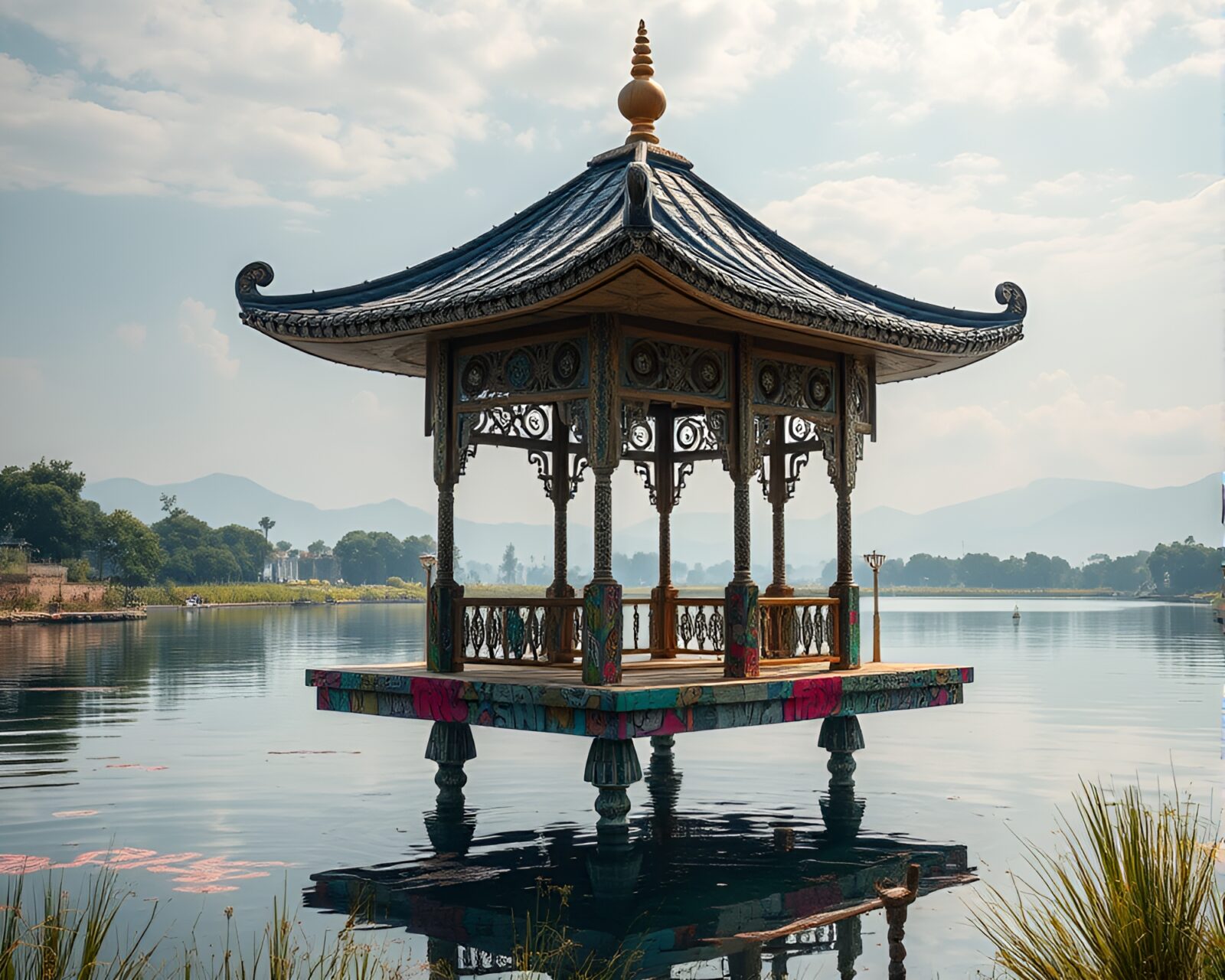 Artistic floating structure featuring colorful graffiti-inspired embroidery in natural light