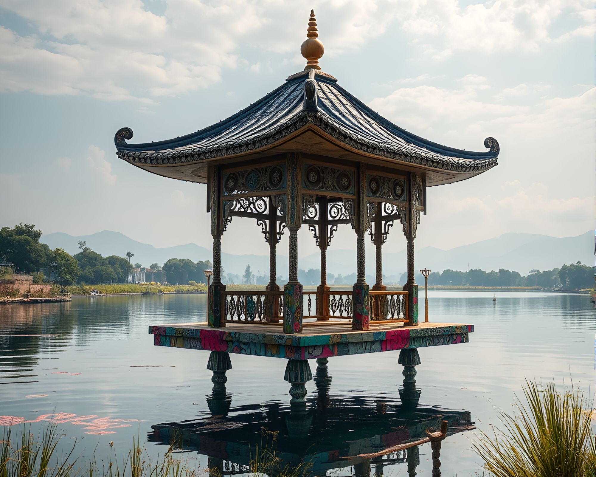 Floating Pavilion with Graffiti Embroidered Details – free AI stock image