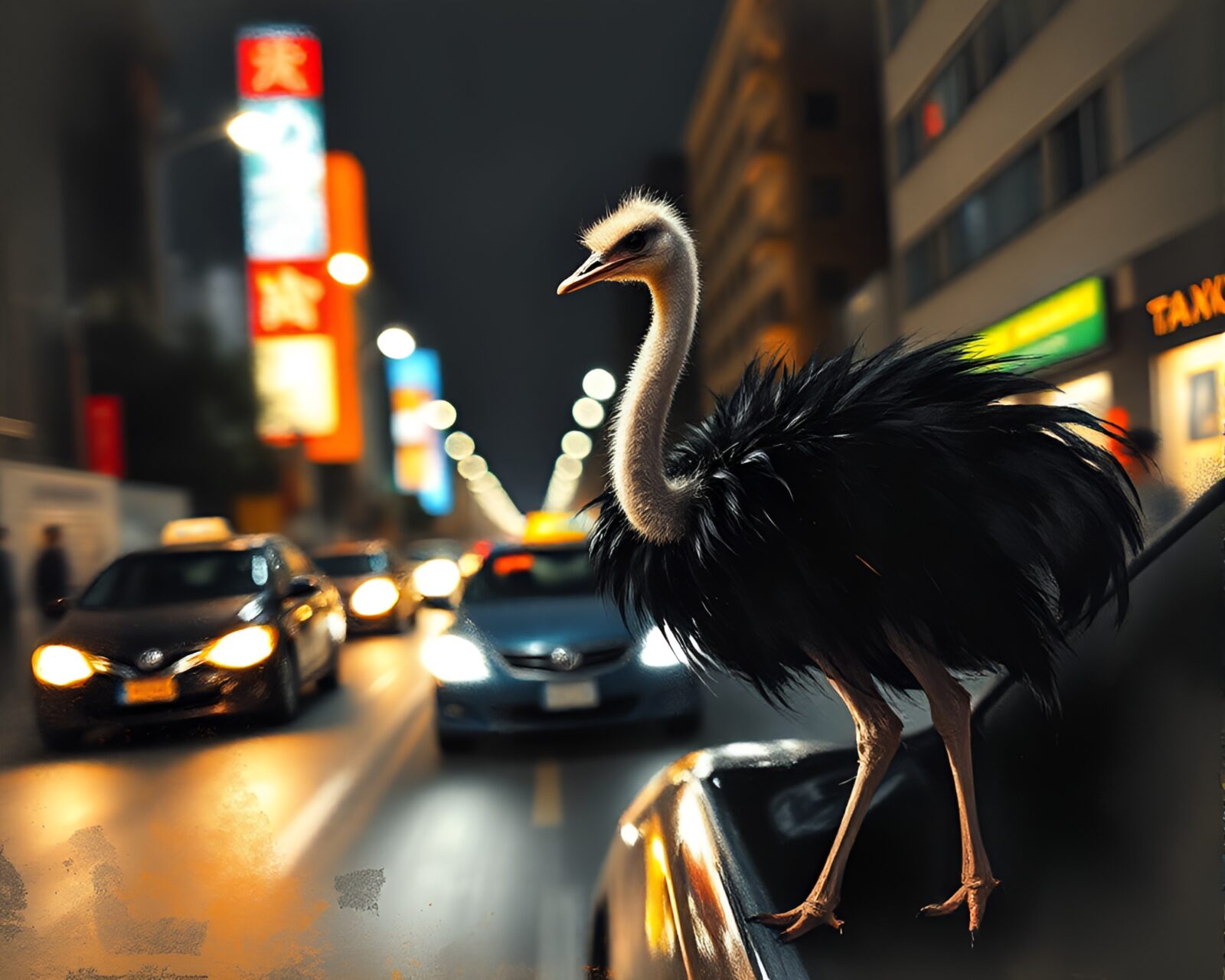 Ostrich in cityscape with blurred taxi streaks, rim lighting