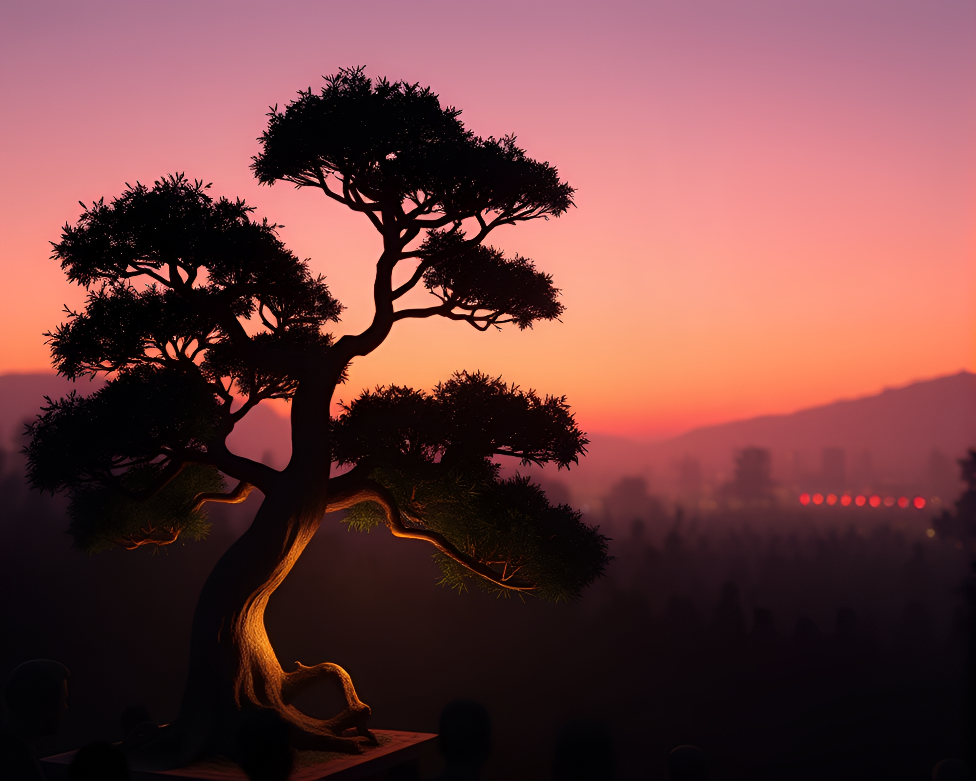 Dusk Silhouette: Bonsai Garden Crowded Serenity – free AI stock image