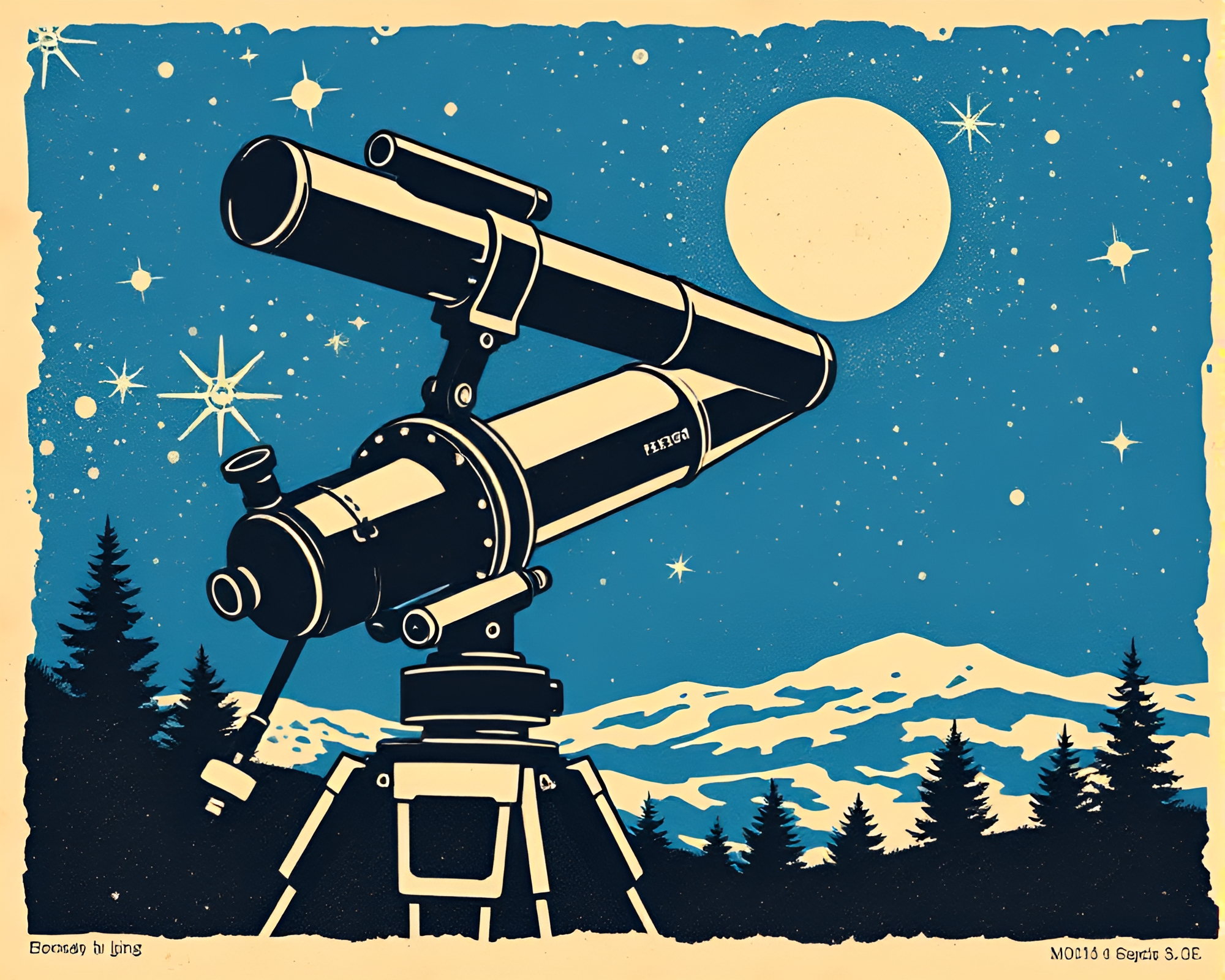Vintage Telescope Woodblock Print Marks Stencil Art – free AI stock image