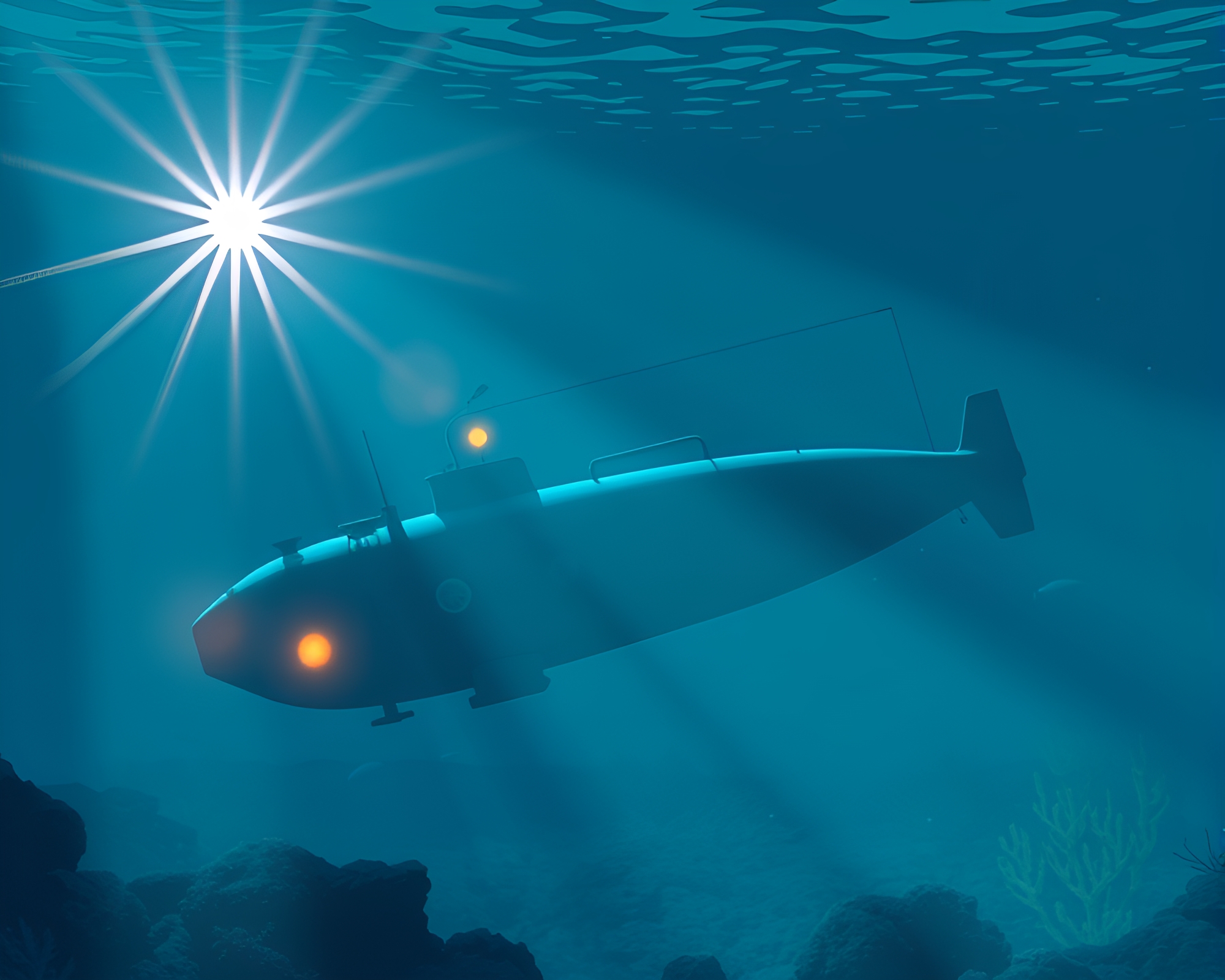 Submarine exploring eerie underwater environment with backscatter flare – free AI stock image