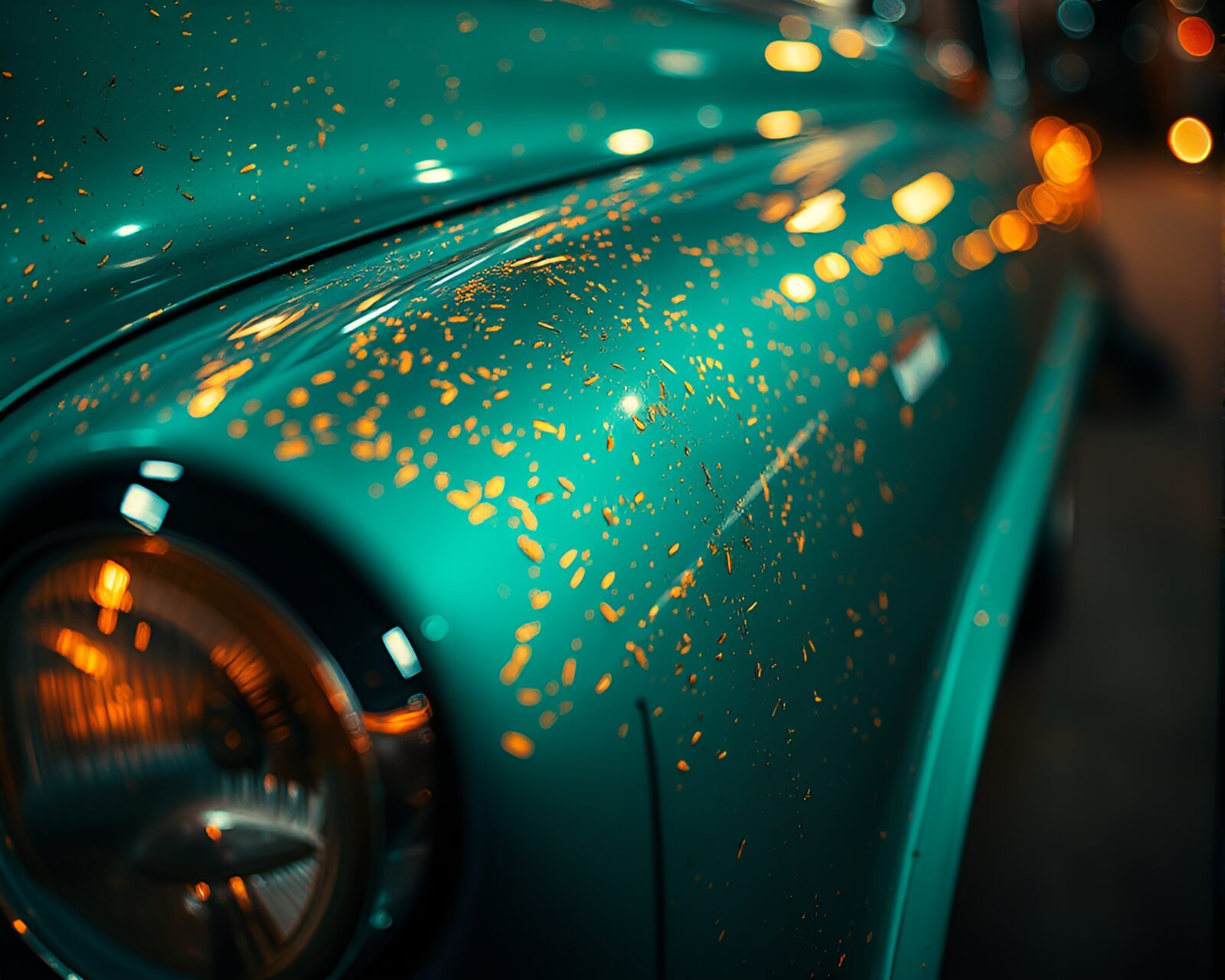 Old classic car with carnival lights reflecting metallic scratches