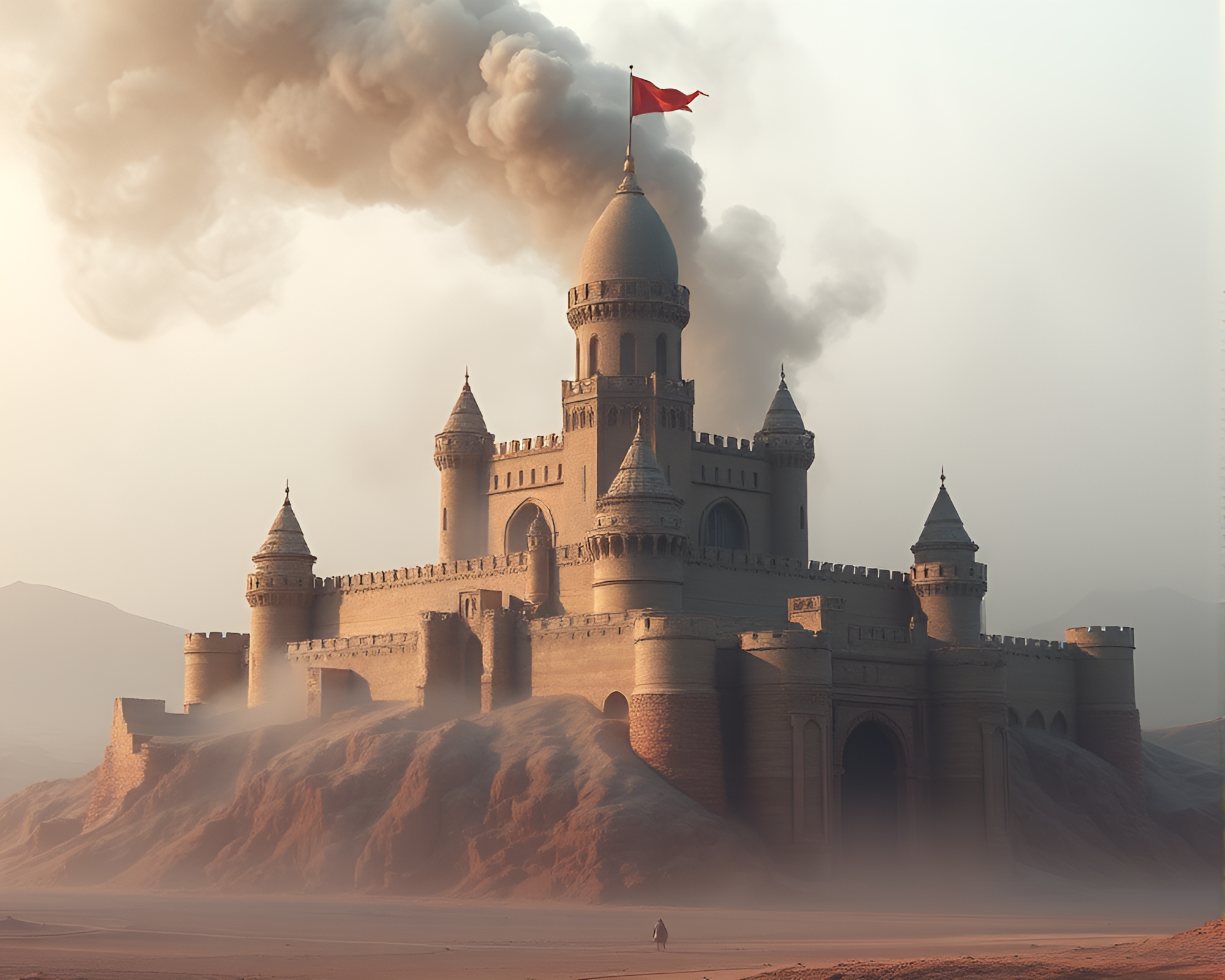 Ethereal Smoke Swirling around Deserted Castle Ruins – free AI stock image