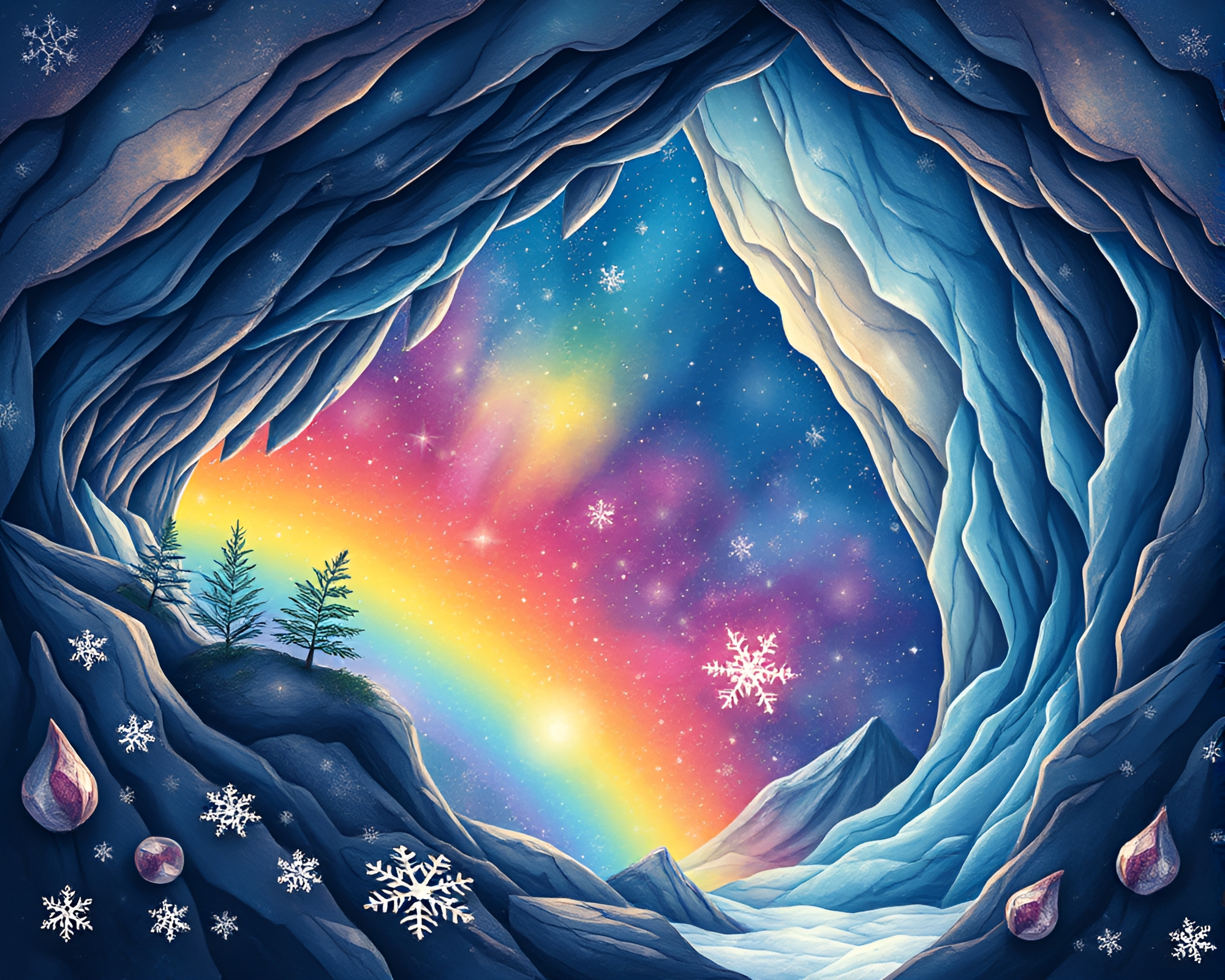 Frozen Rainbow Botanical Ice Cave Wonderland – free AI stock image