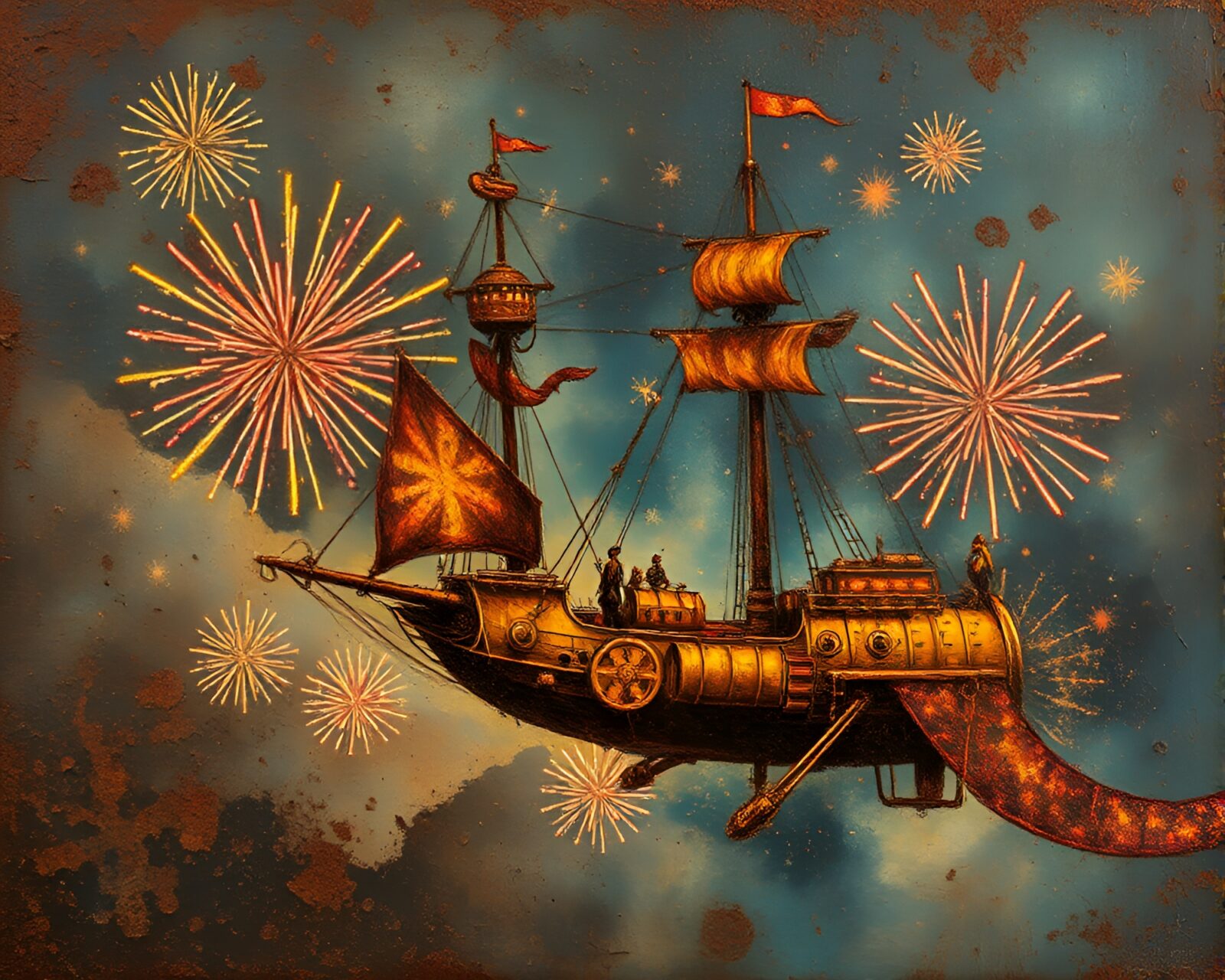 Tempera painting of glowing festival fireworks illuminating a rust-flaked airship