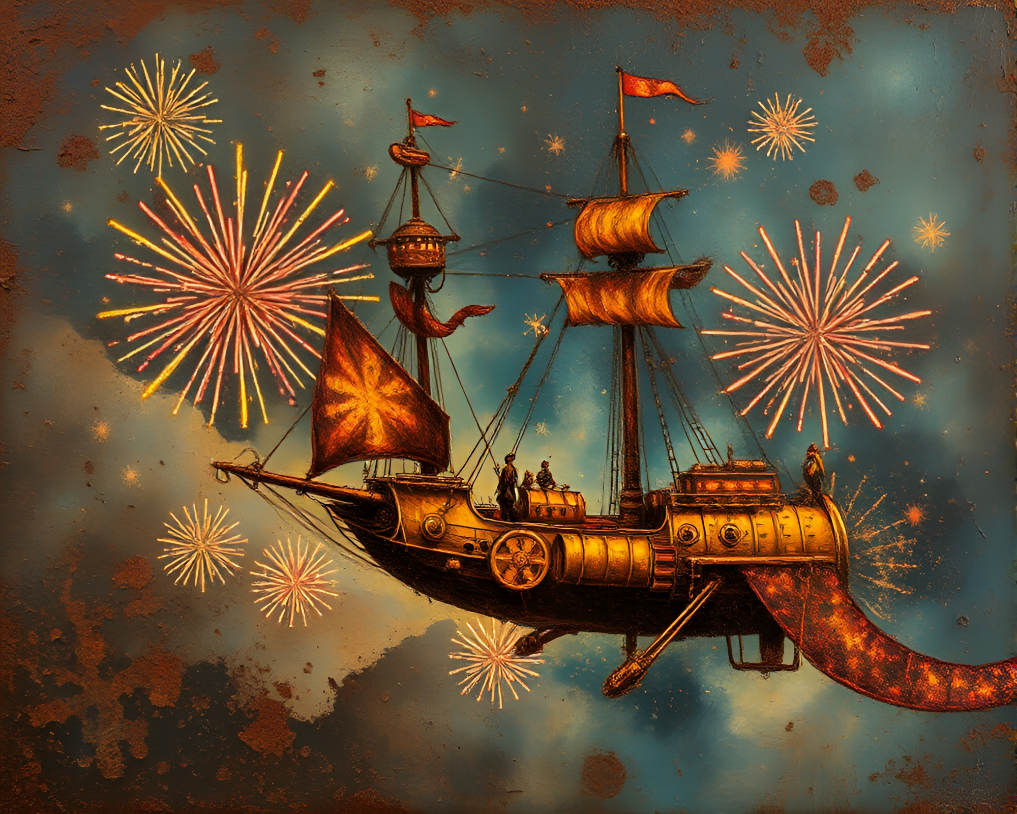 Steampunk Airship at Festival Fireworks Night – free AI stock image