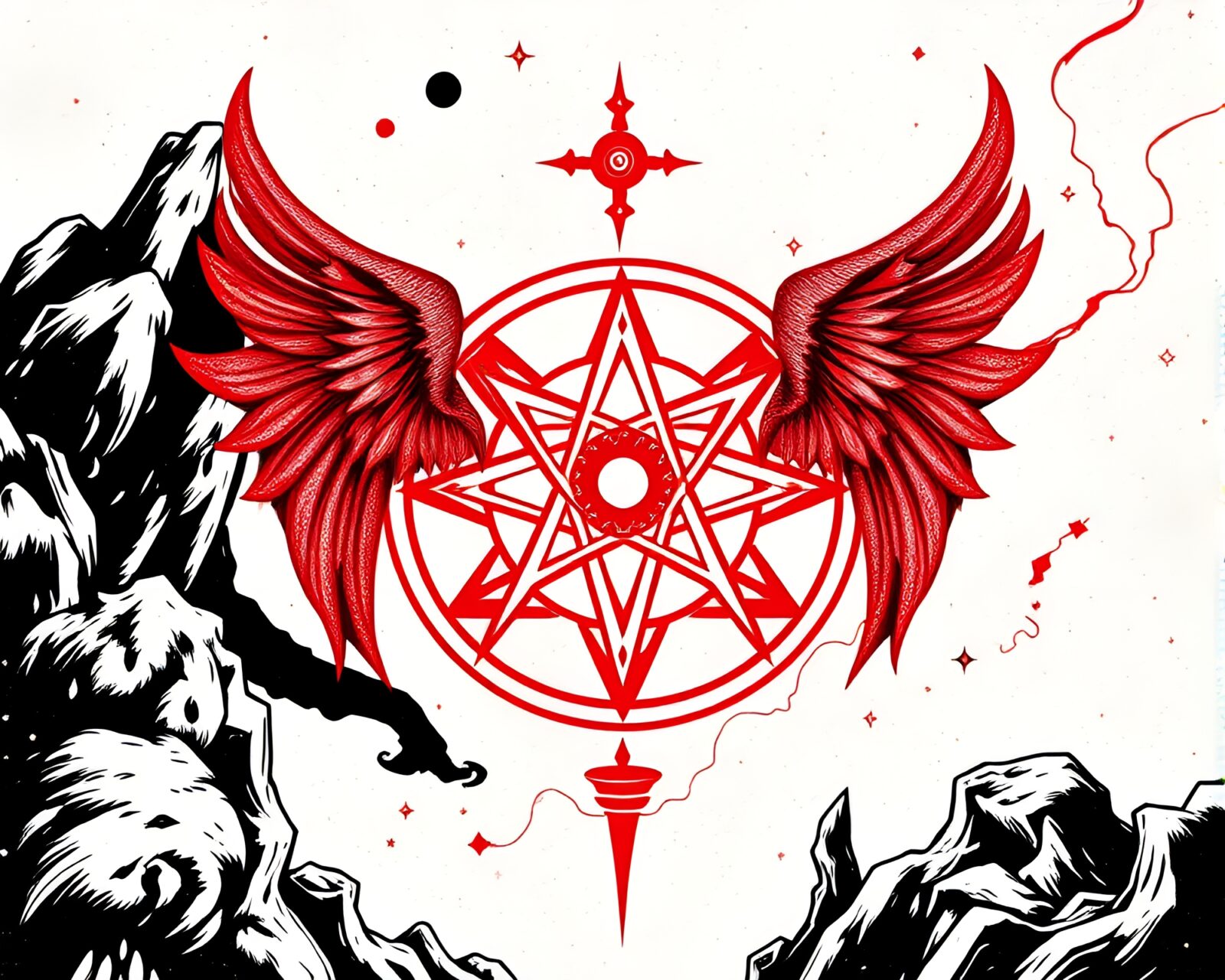 Intense comic artwork of alchemical symbols in red monochrome