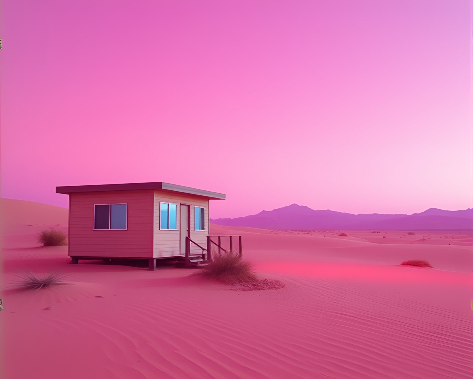 80s VHS style desert scene with vibrant pink hues