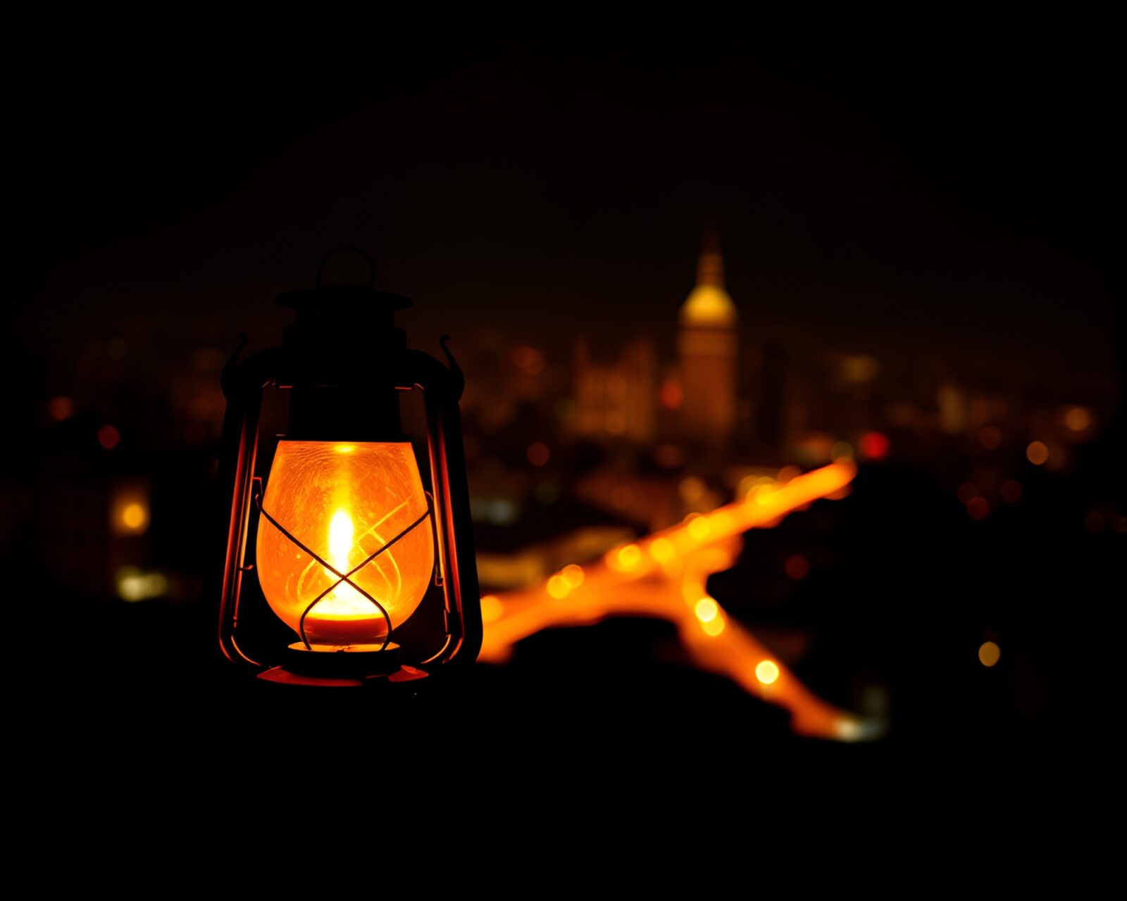 Thermal cityscape with oil lantern silhouette in dark urban setting