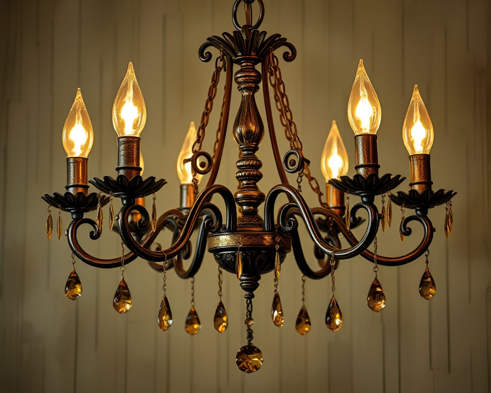 Intricate stained glass chandelier dripping with paint in darkness