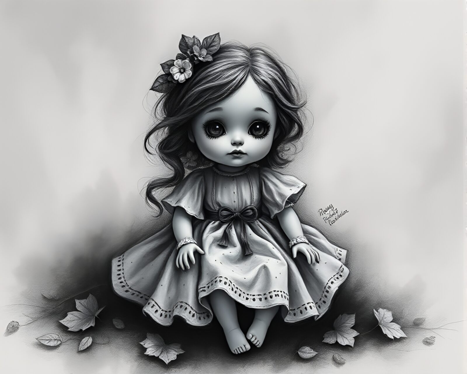 Charcoal sketch of porcelain doll surrounded by leaf litter